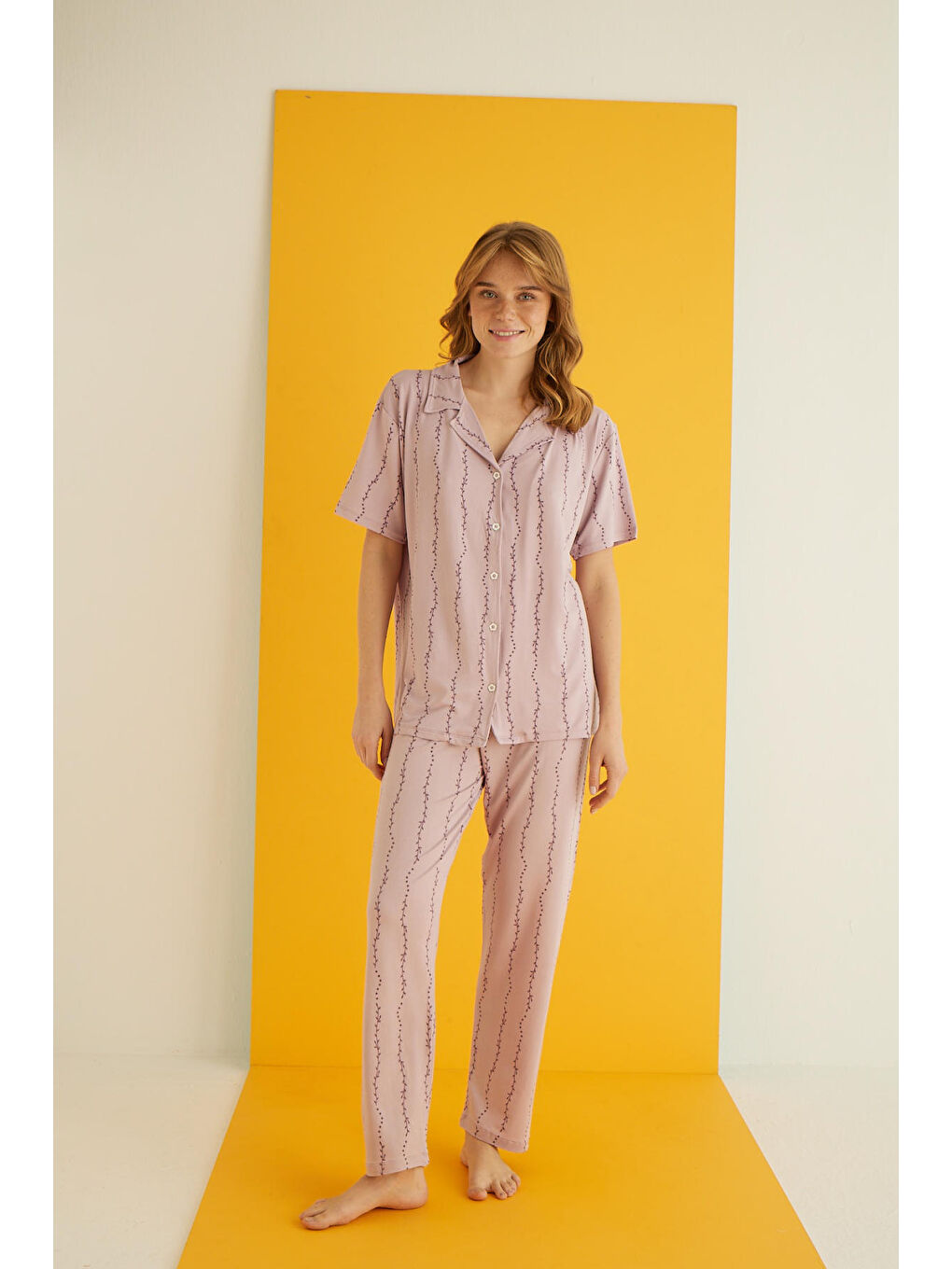 Mor Bamboo Düğmeli Pijama Takımı 7054-28-1