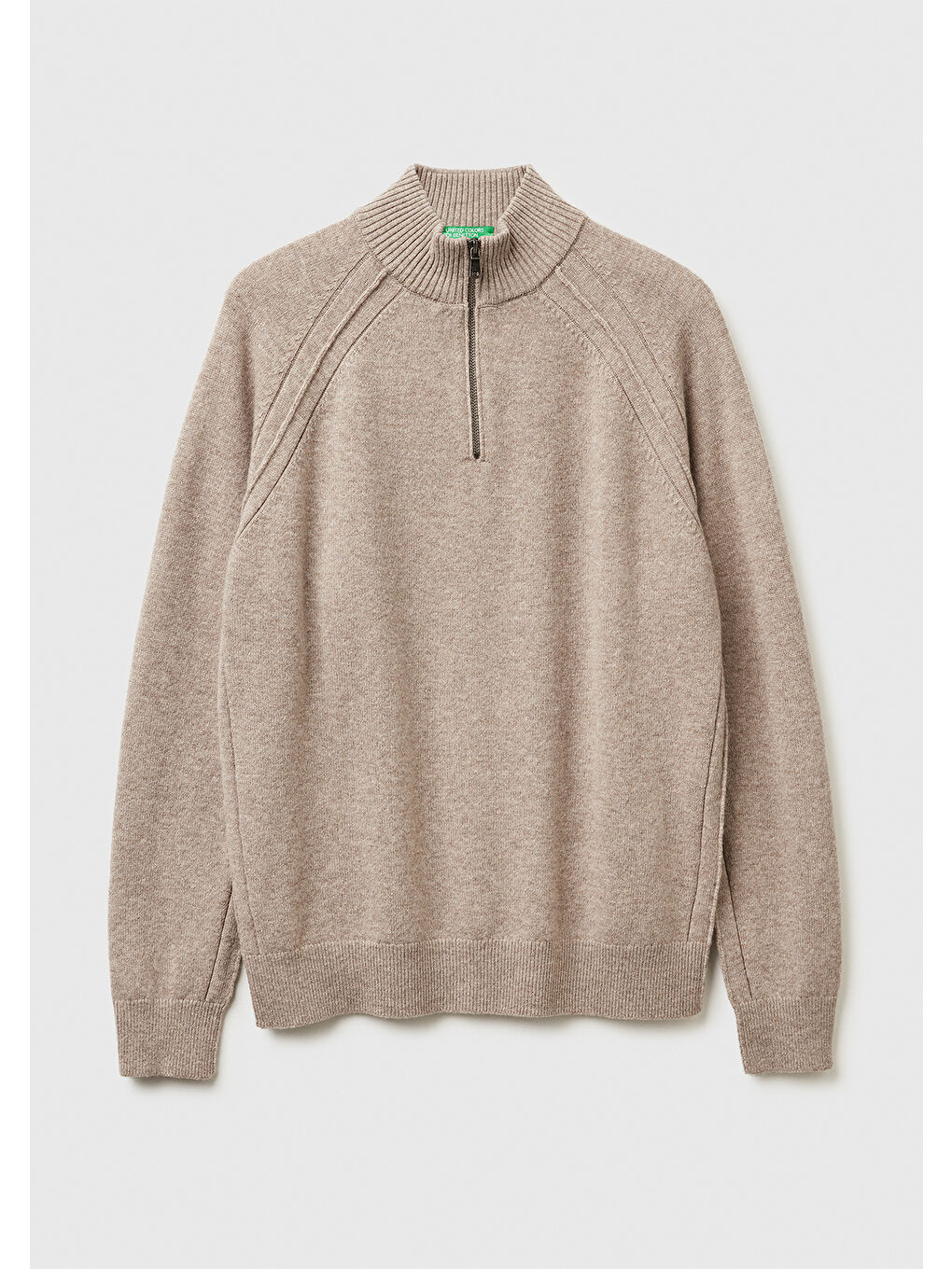 Erkek Bej Melanj %100 Yün Fermuar Detaylı Dik Yaka Kazak