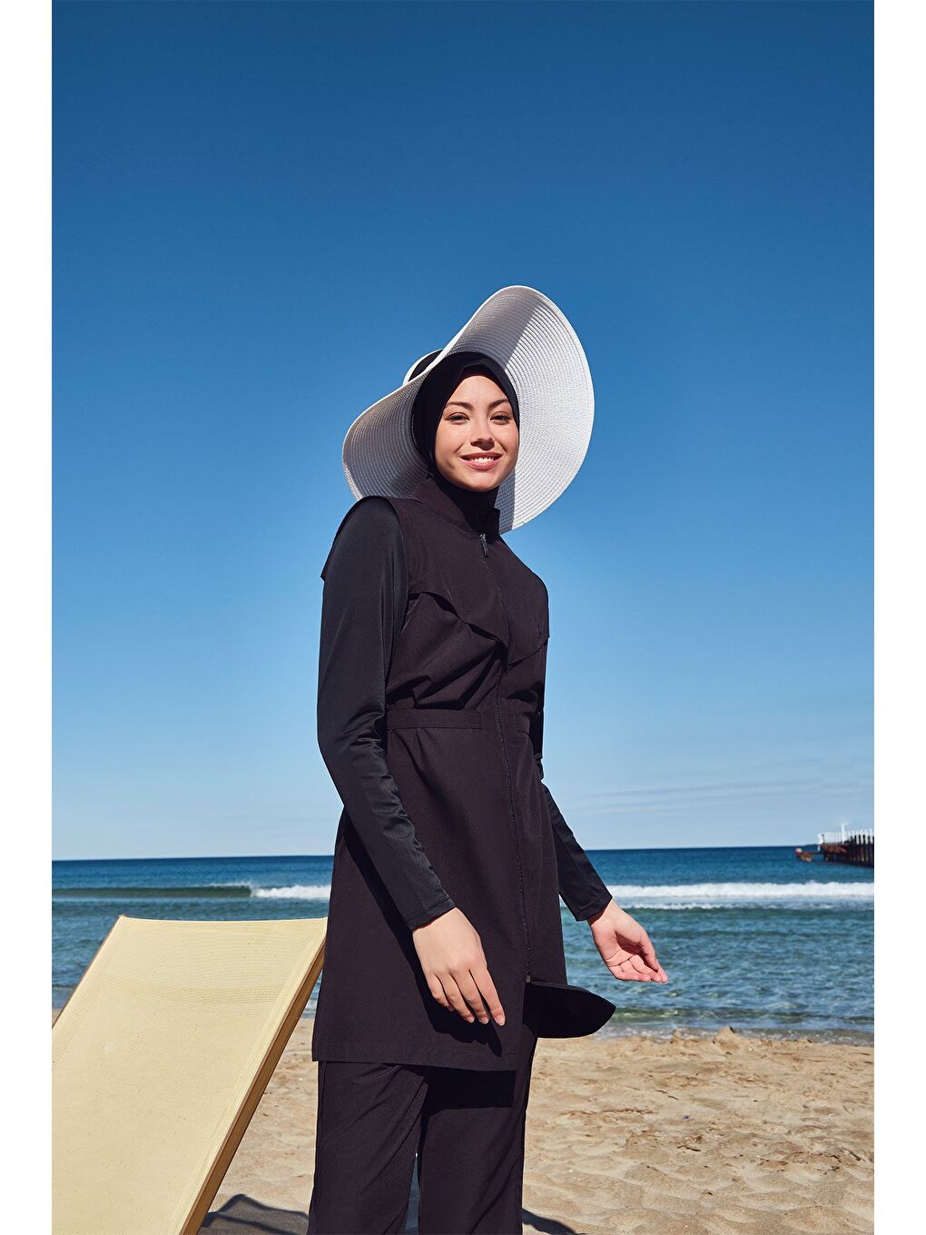 Bel Kemer Detaylı Siyah Dokuma 5 Parça Tam Tesettür Mayo Takımı 2925-1