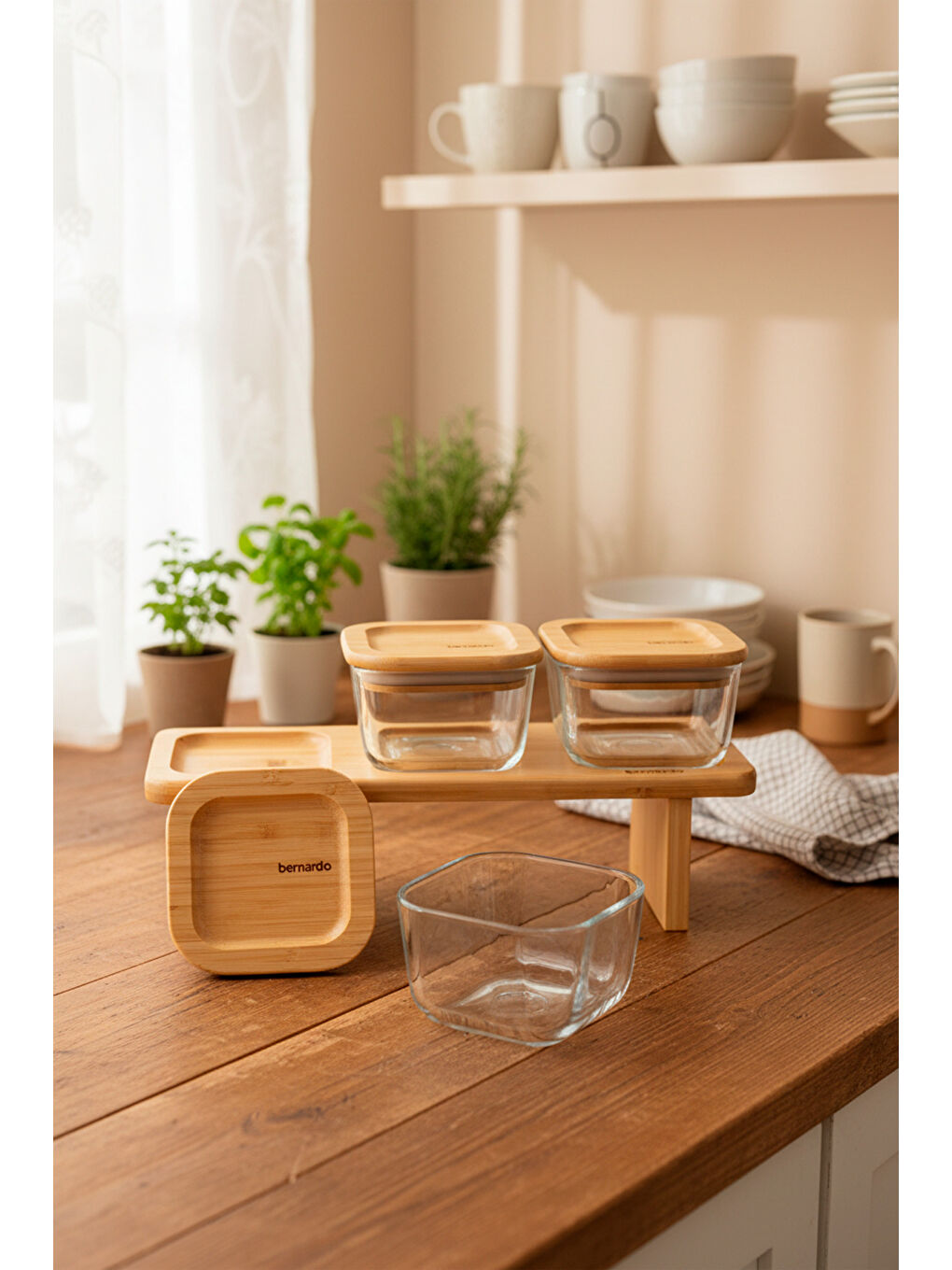 Kahverengi Lunaya 3'lü Bambu Standlı Kahvaltılık Büyük-1