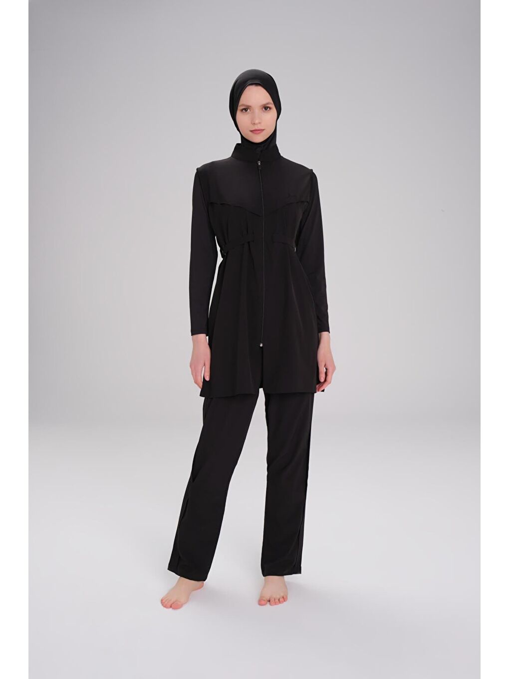 Bel Kemer Detaylı Siyah Dokuma 5 Parça Tam Tesettür Mayo Takımı 2925-2
