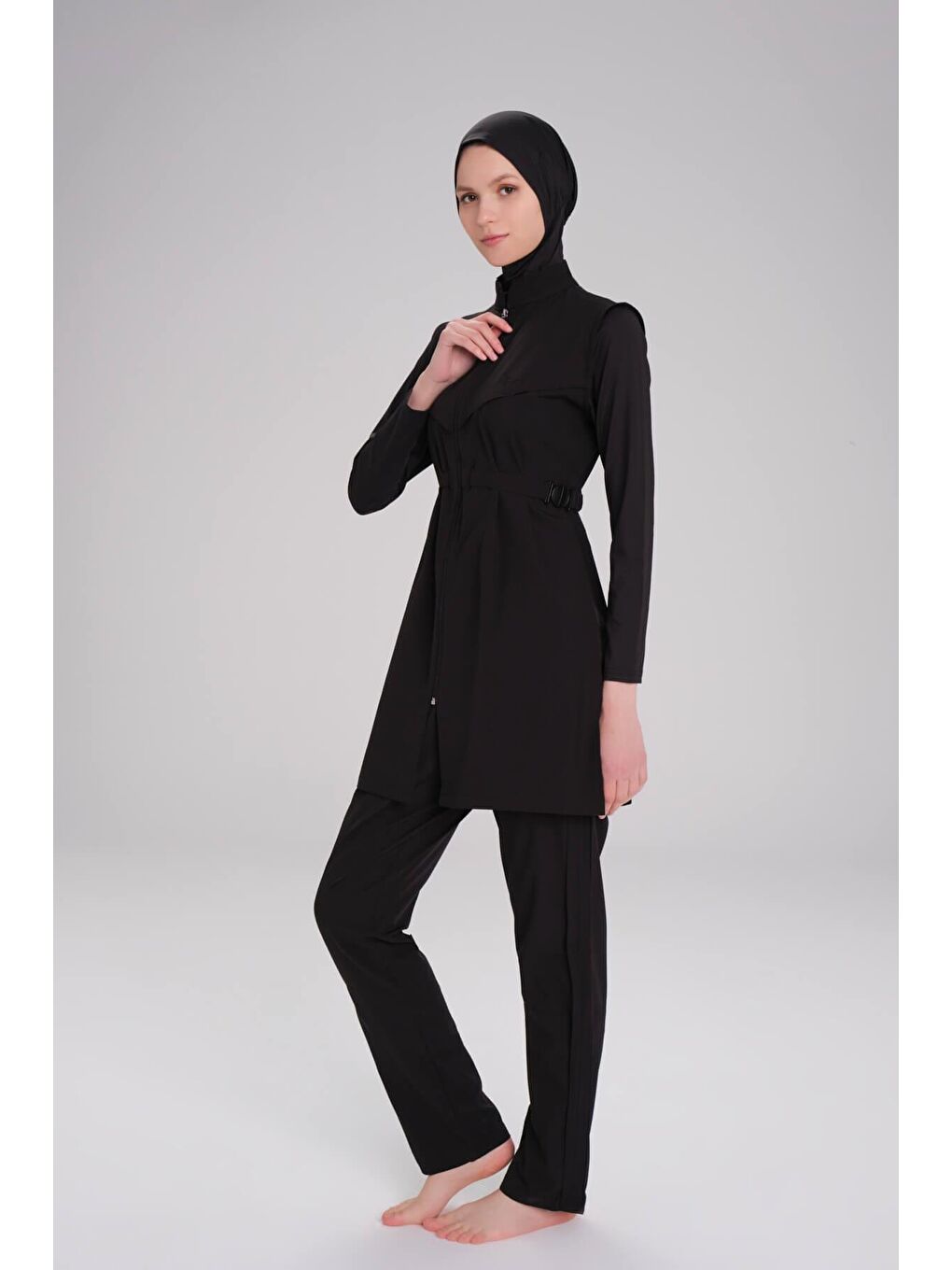 Bel Kemer Detaylı Siyah Dokuma 5 Parça Tam Tesettür Mayo Takımı 2925-3