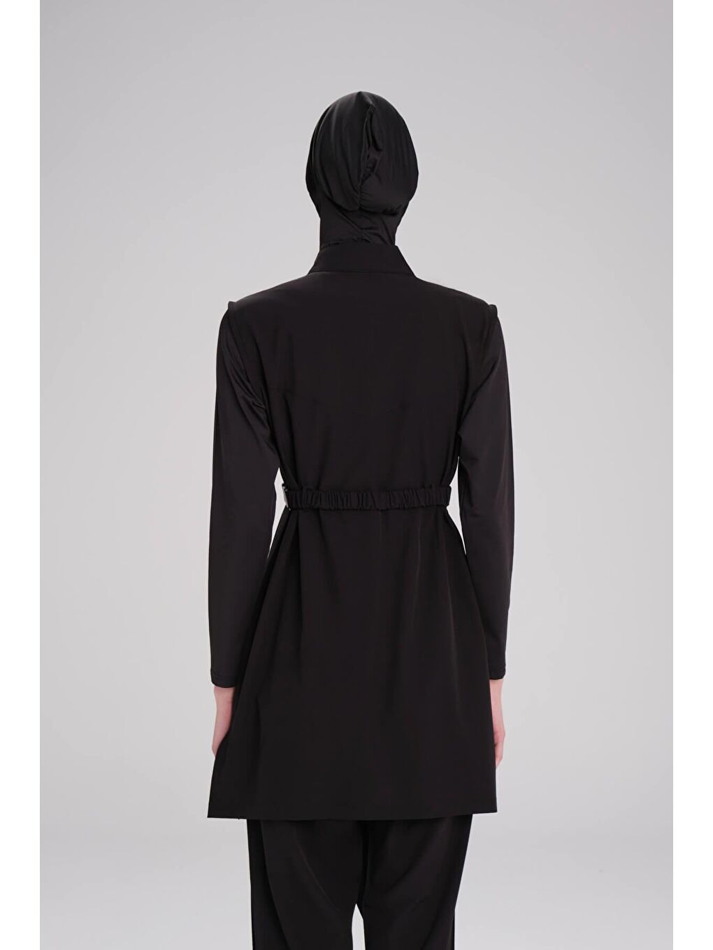 Bel Kemer Detaylı Siyah Dokuma 5 Parça Tam Tesettür Mayo Takımı 2925-4