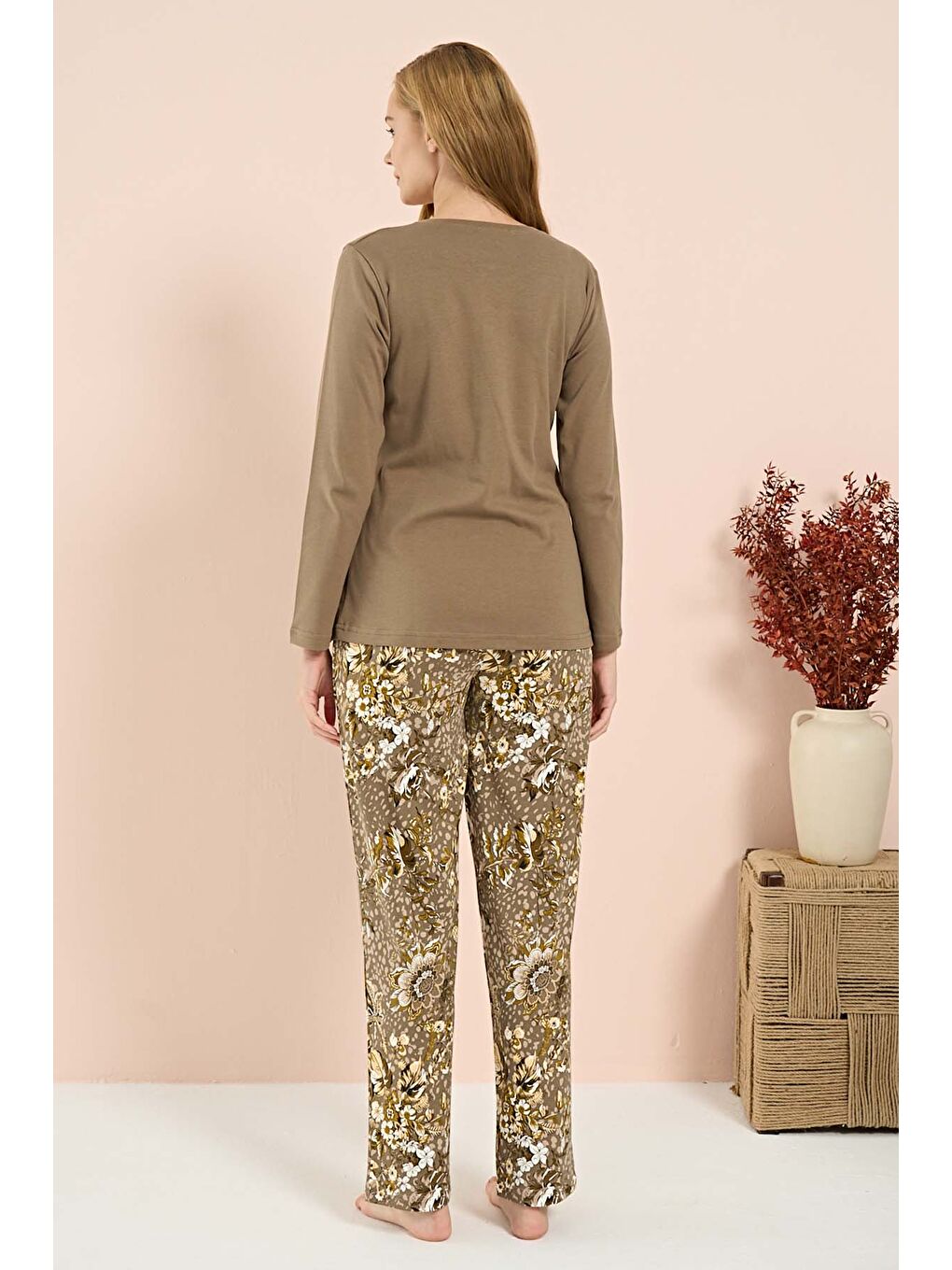 Kadın Penye Uzun Kol Pijama Takımı 3210 Haki-2
