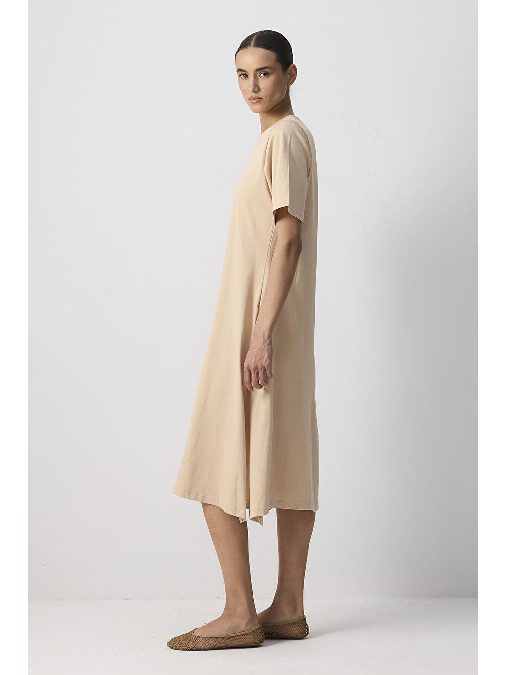 Bej %100 Pamuklu Kısa Kollu Örme Elbise-2