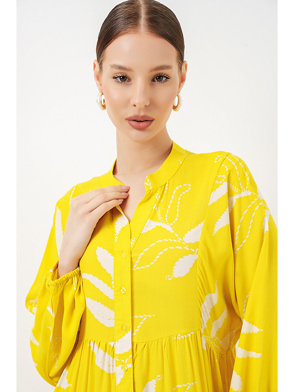 Kadın Desenli Uzun Tesettür Elbise 2585 - A.Sarı-5