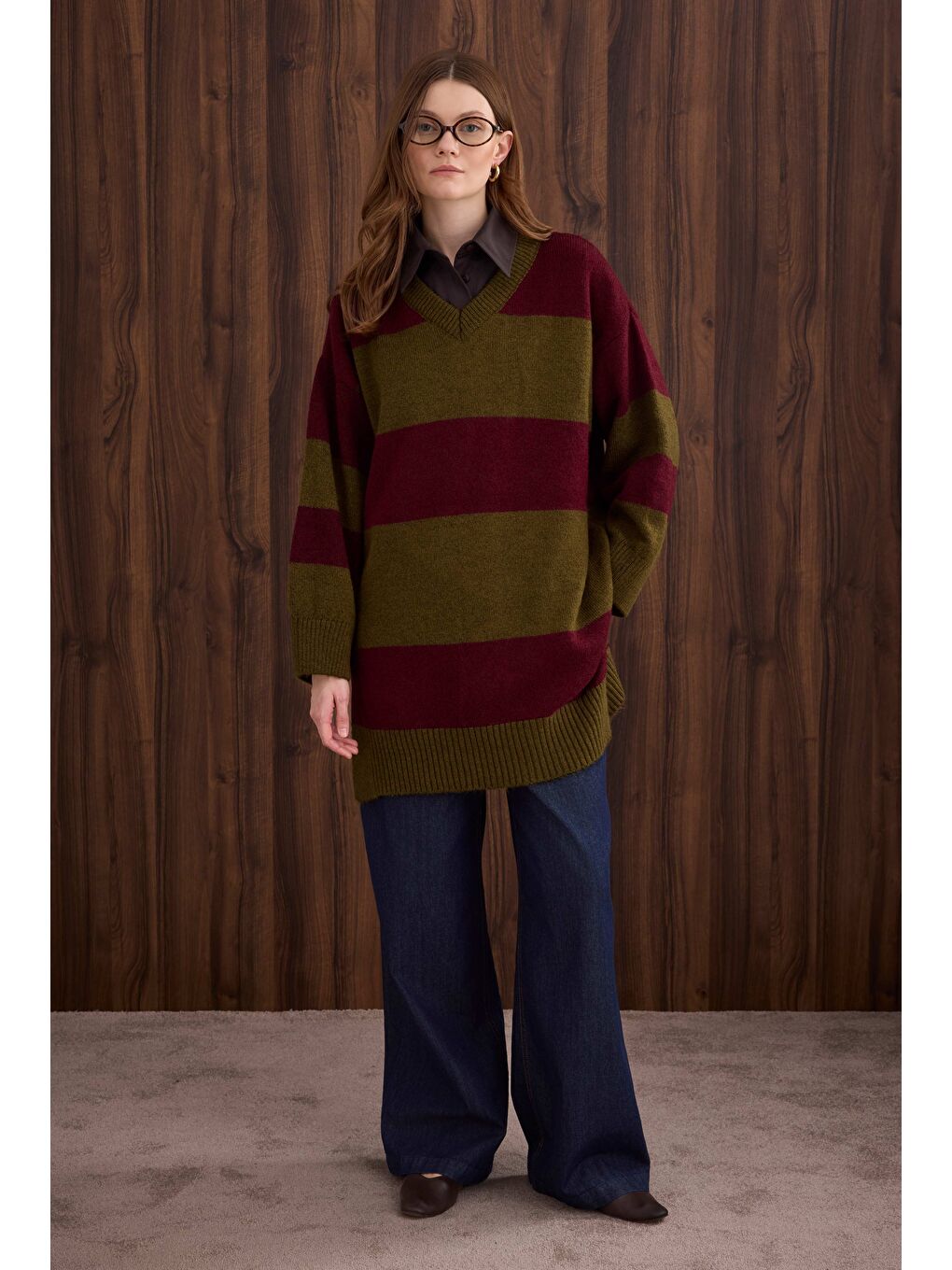 Çizgili V Yaka Kazak Yosun-Bordo-1