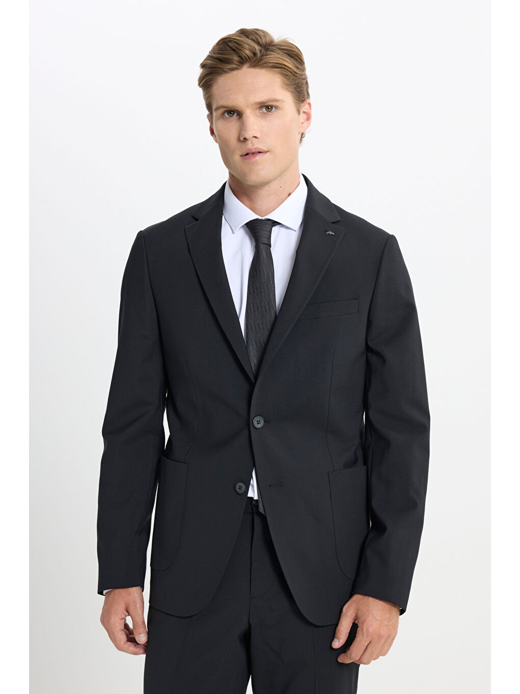 Erkek Siyah Yünlü Slim Fit Mono Yaka Torba Cepli Esnek Takım Elbise