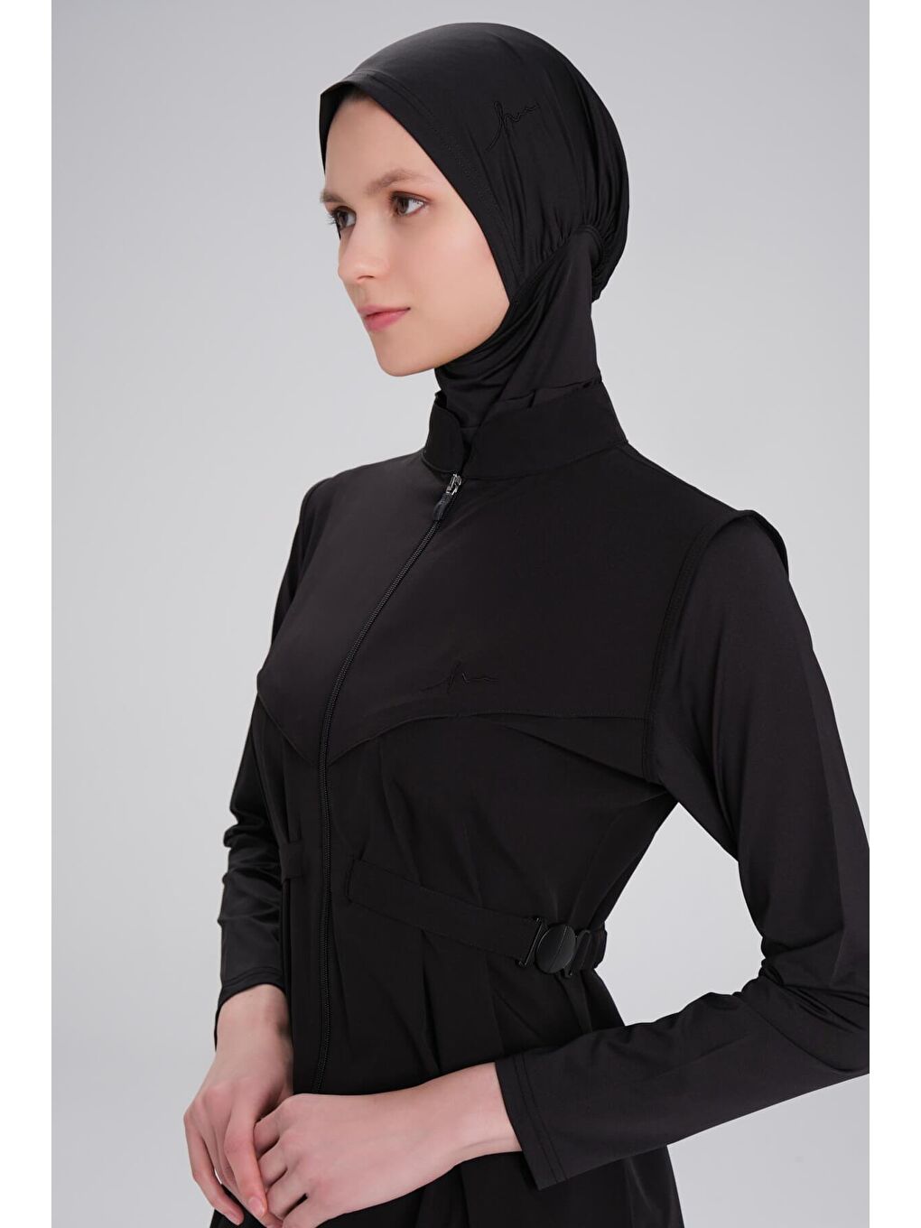 Bel Kemer Detaylı Siyah Dokuma 5 Parça Tam Tesettür Mayo Takımı 2925-6