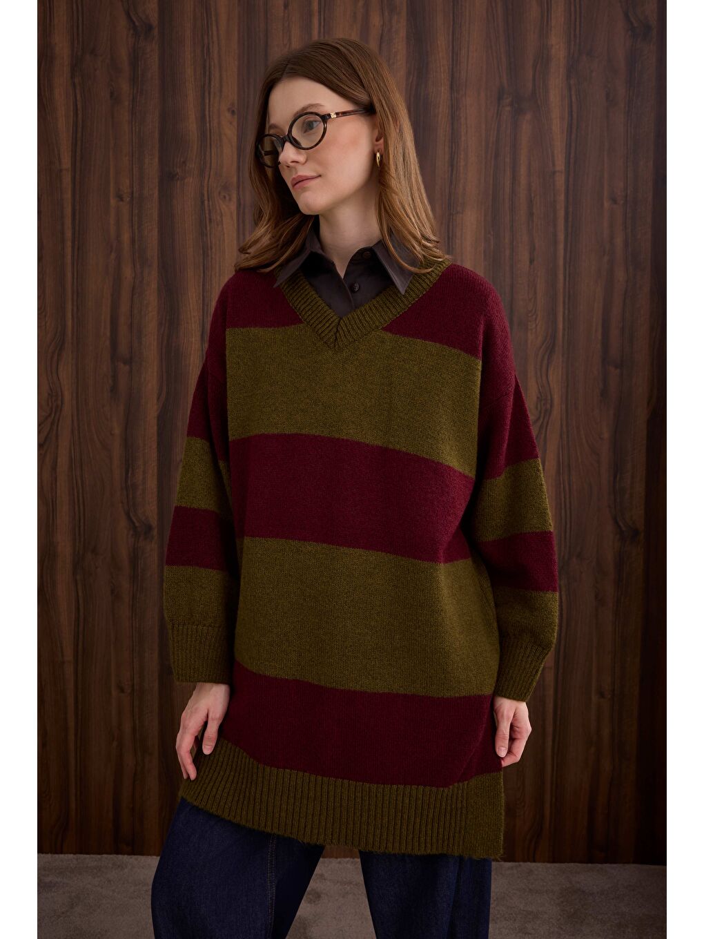 Çizgili V Yaka Kazak Yosun-Bordo-2