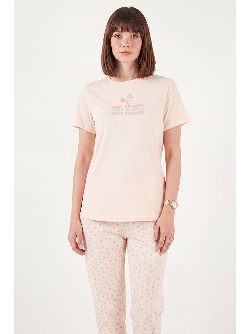 Turuncu Desenli Pamuklu Bisiklet Yaka Kaprili Pijama Takımı 65790787-2