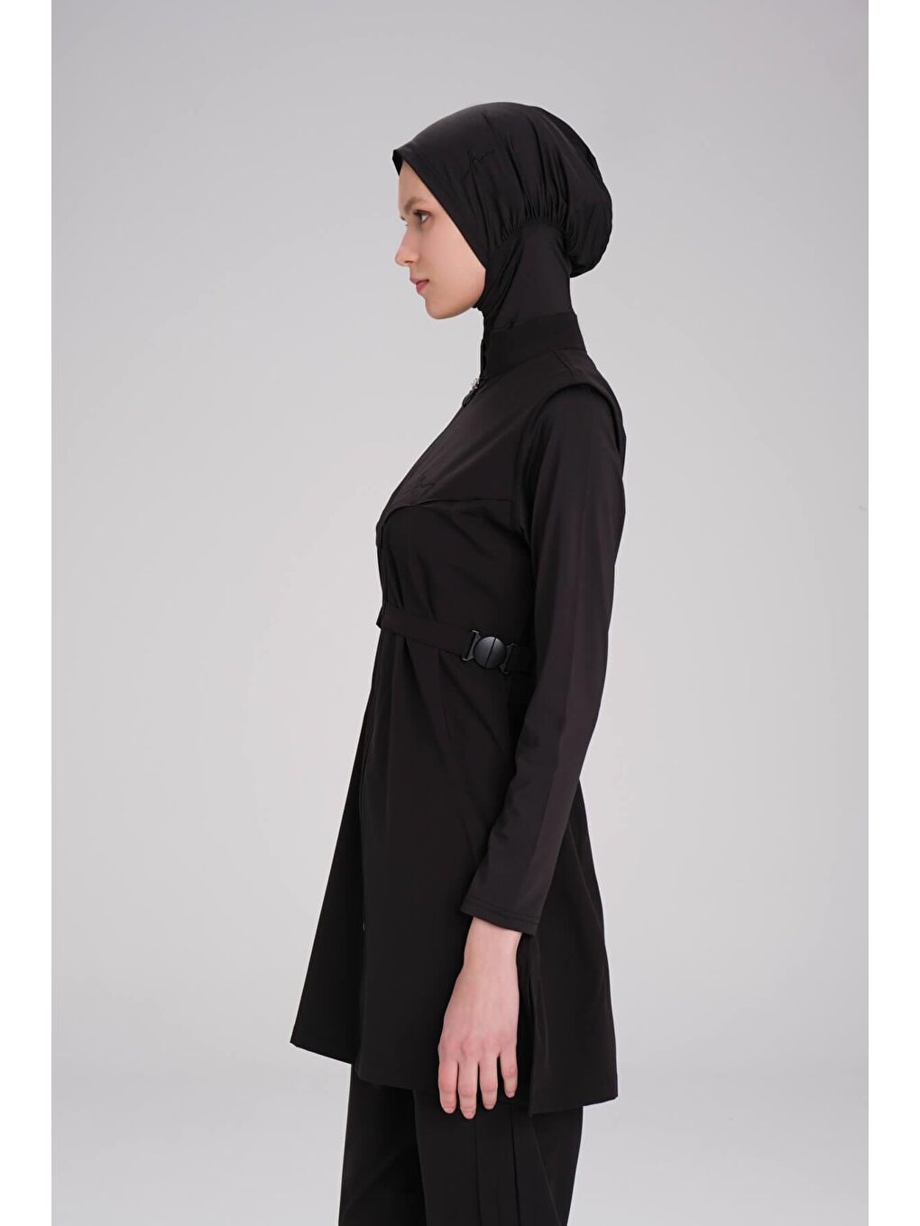 Bel Kemer Detaylı Siyah Dokuma 5 Parça Tam Tesettür Mayo Takımı 2925-7