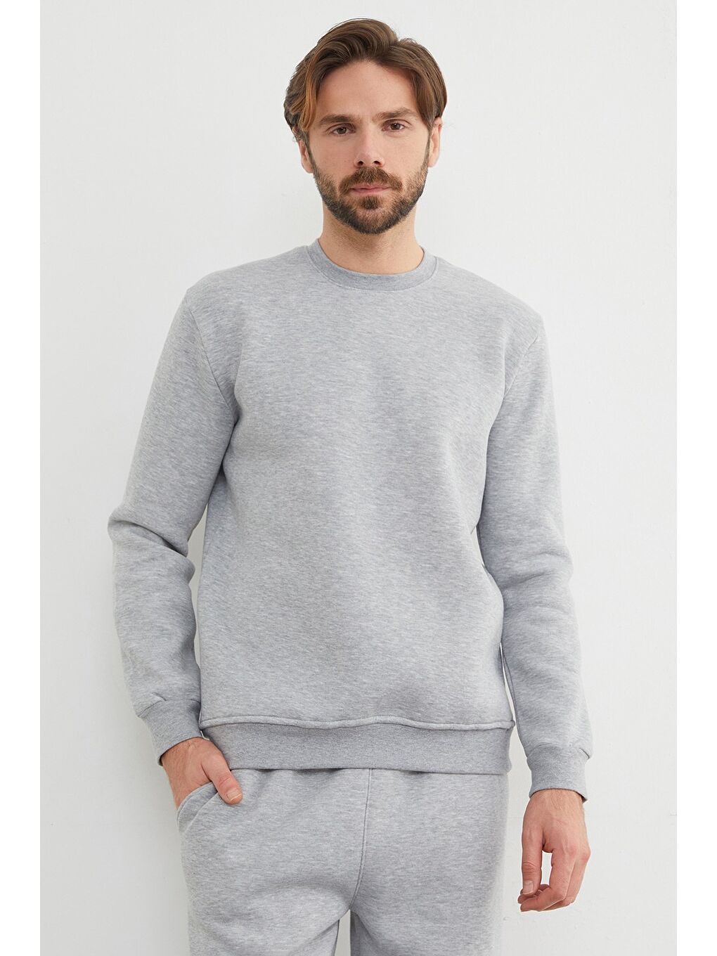 Gri 3 İplik Basic Bisiklet Yaka Sweatshirt