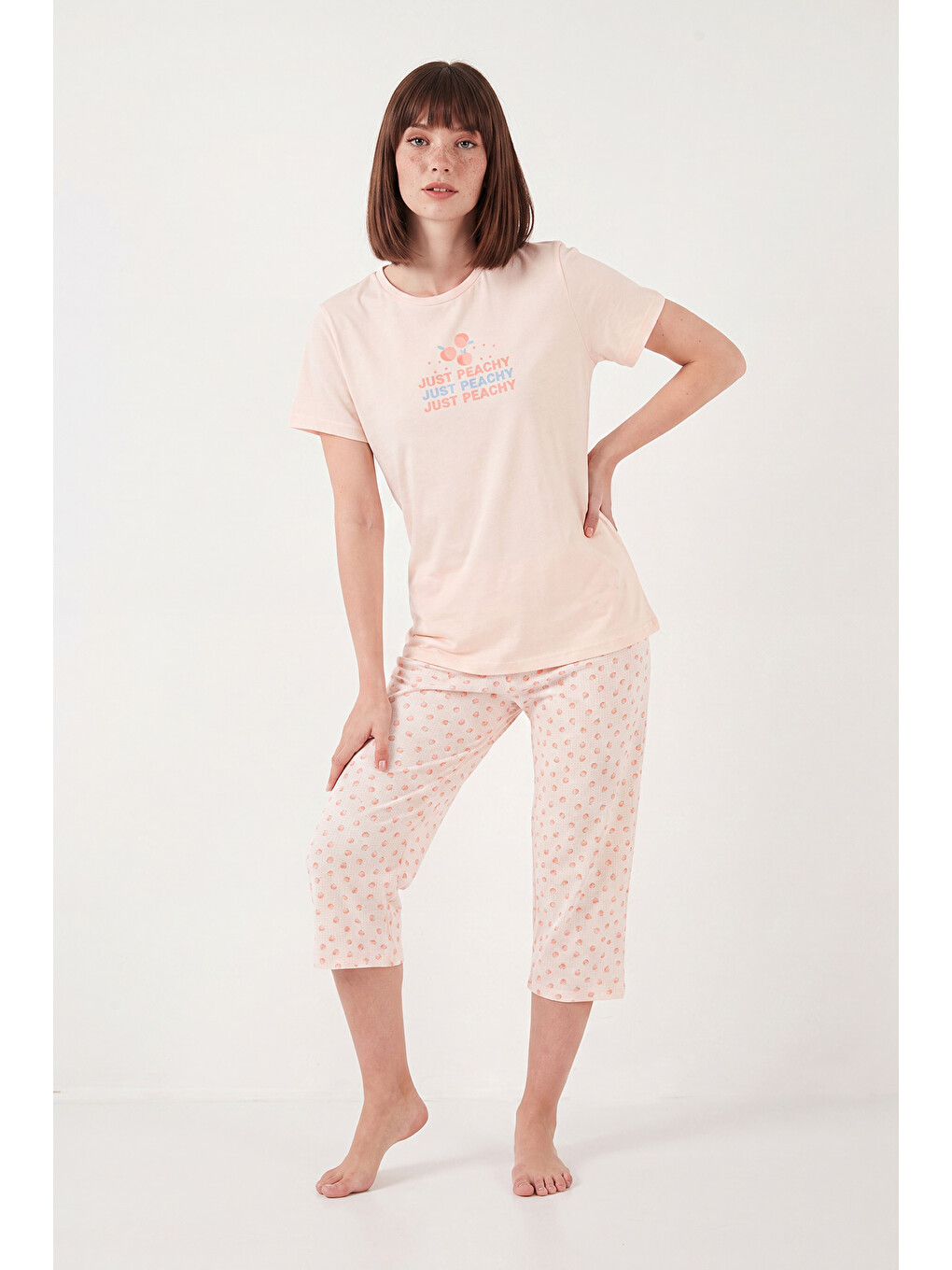 Turuncu Desenli Pamuklu Bisiklet Yaka Kaprili Pijama Takımı 65790787-3