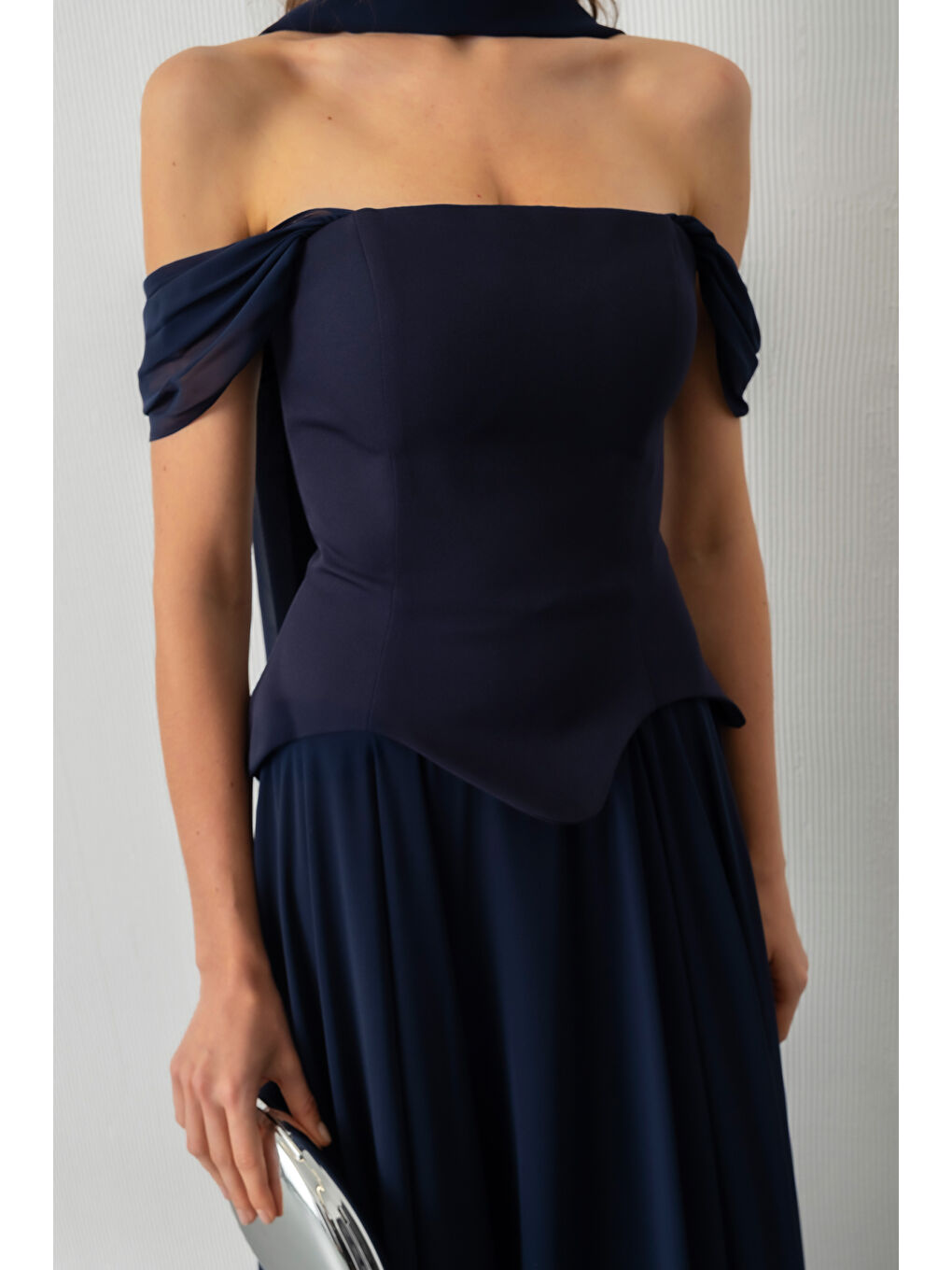 Kadın Lacivert Şal Yaka Straplez Söz Nişan Abiye Elbise-4