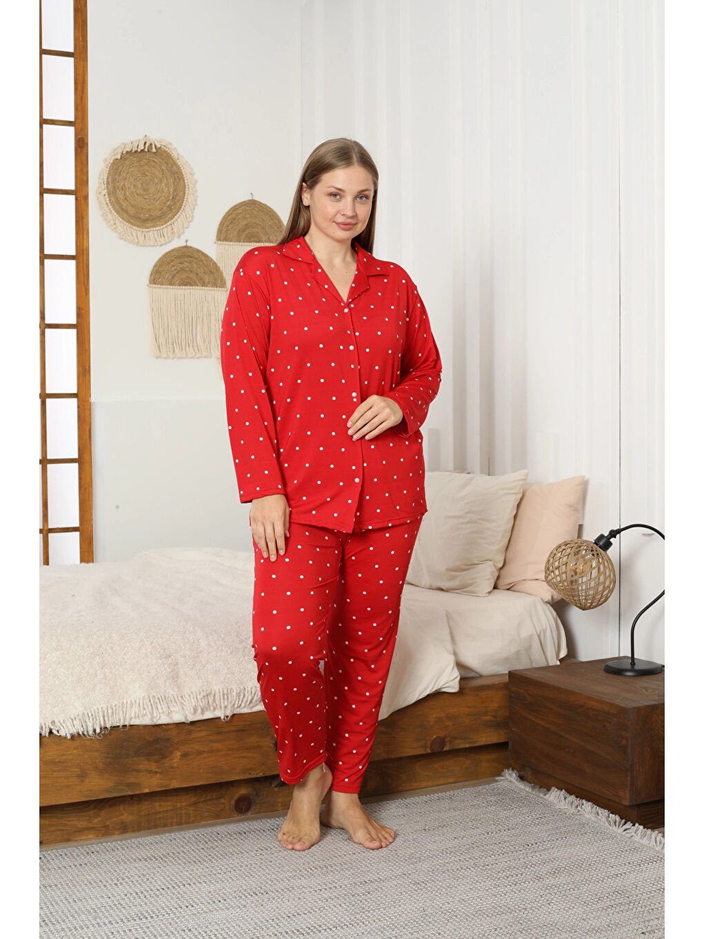 Kırmızı Desenli Kadın Pijama Takımı 3397-1