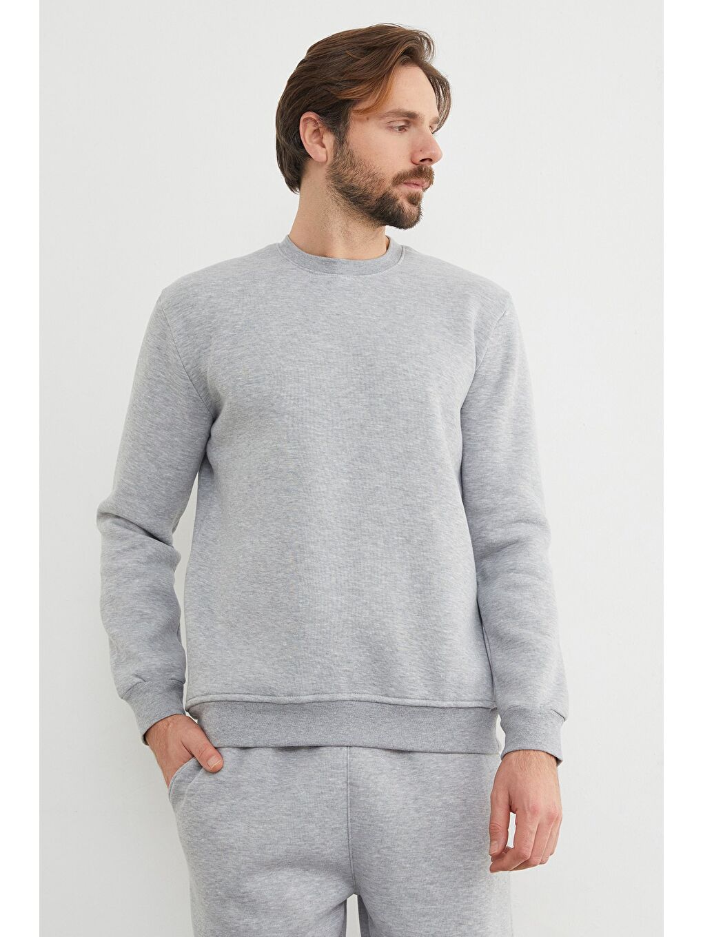 Gri 3 İplik Basic Bisiklet Yaka Sweatshirt-1