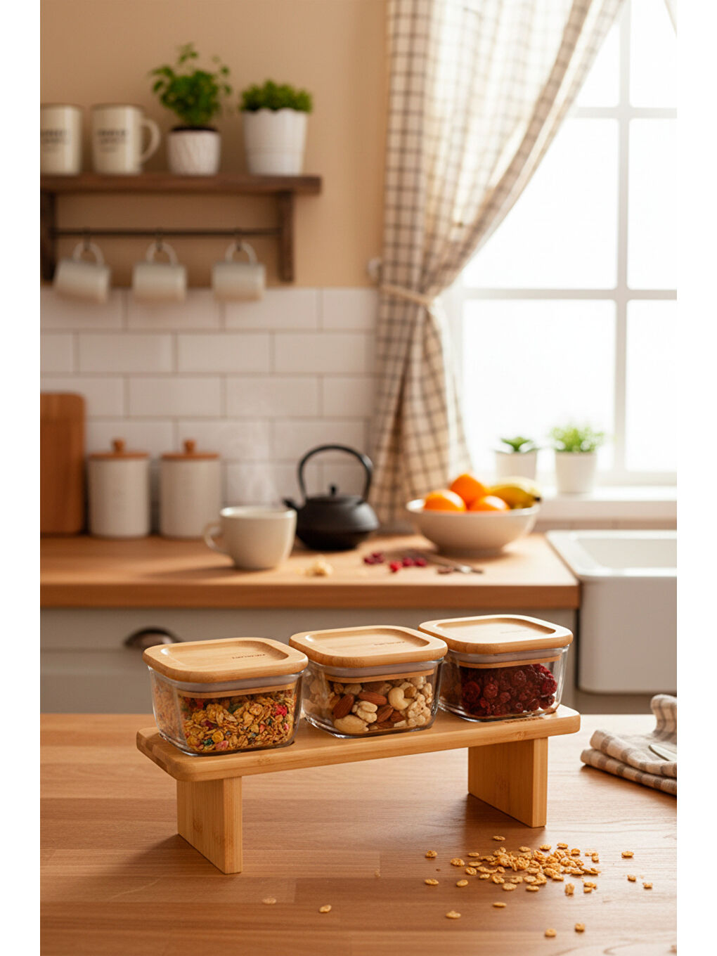 Kahverengi Lunaya 3'lü Bambu Standlı Kahvaltılık Büyük-3