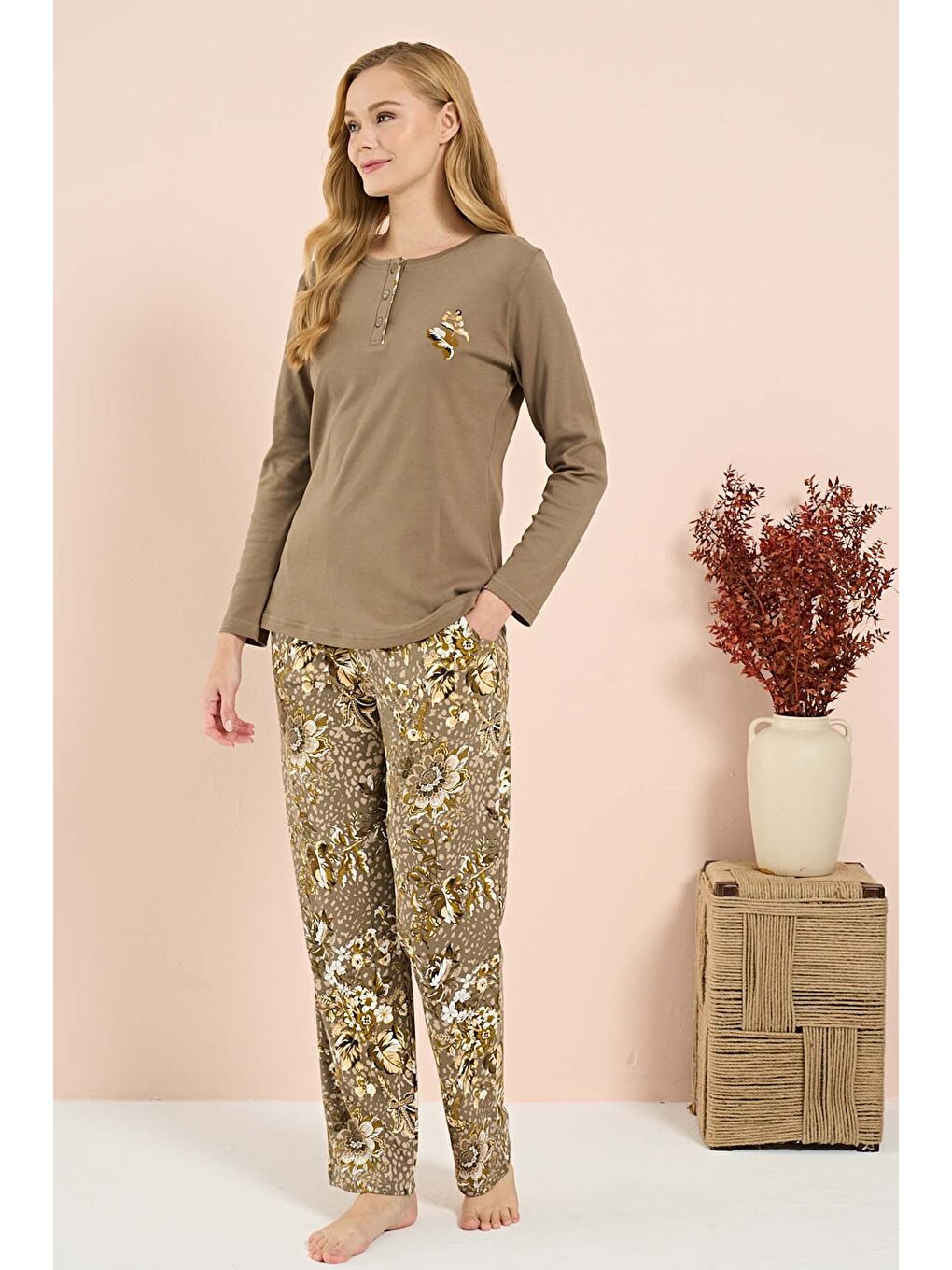 Kadın Penye Uzun Kol Pijama Takımı 3210 Haki-3