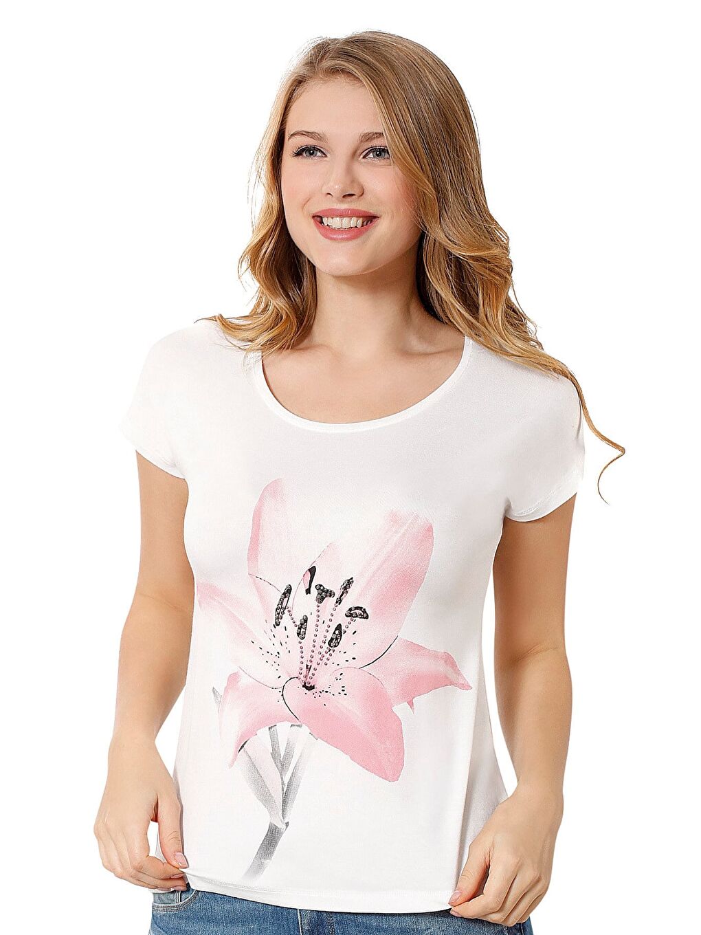 Kadın Çiçek Desenli Kısa Kol Bluz | Ekru 23854