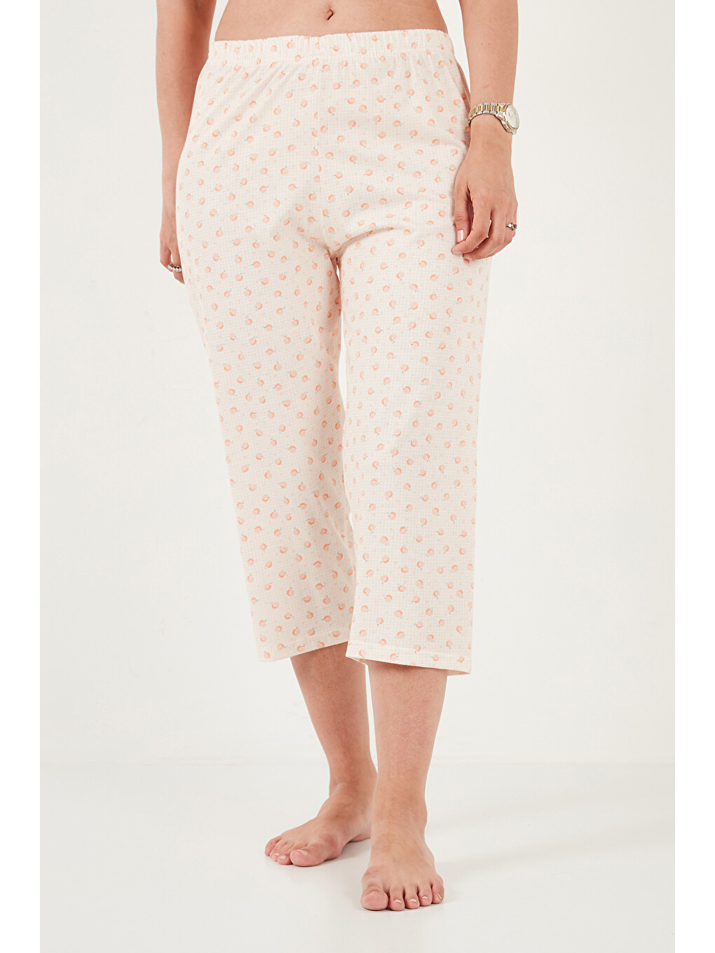 Turuncu Desenli Pamuklu Bisiklet Yaka Kaprili Pijama Takımı 65790787-5