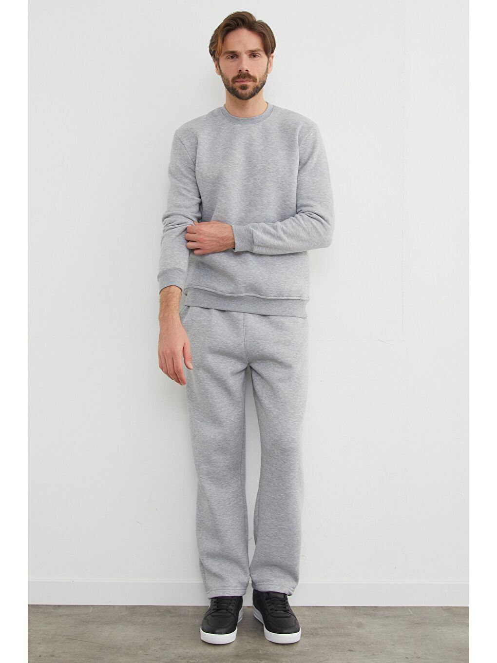 Gri 3 İplik Basic Bisiklet Yaka Sweatshirt-2