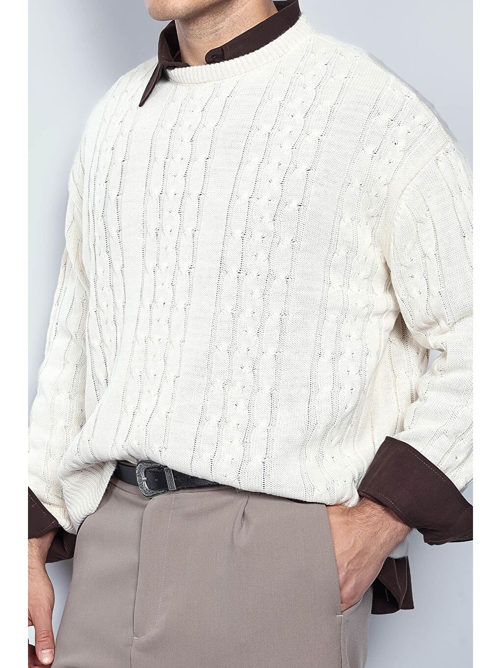 Erkek Oversize Örgü Desenli Triko %100 Pamuk Kazak Bej-1