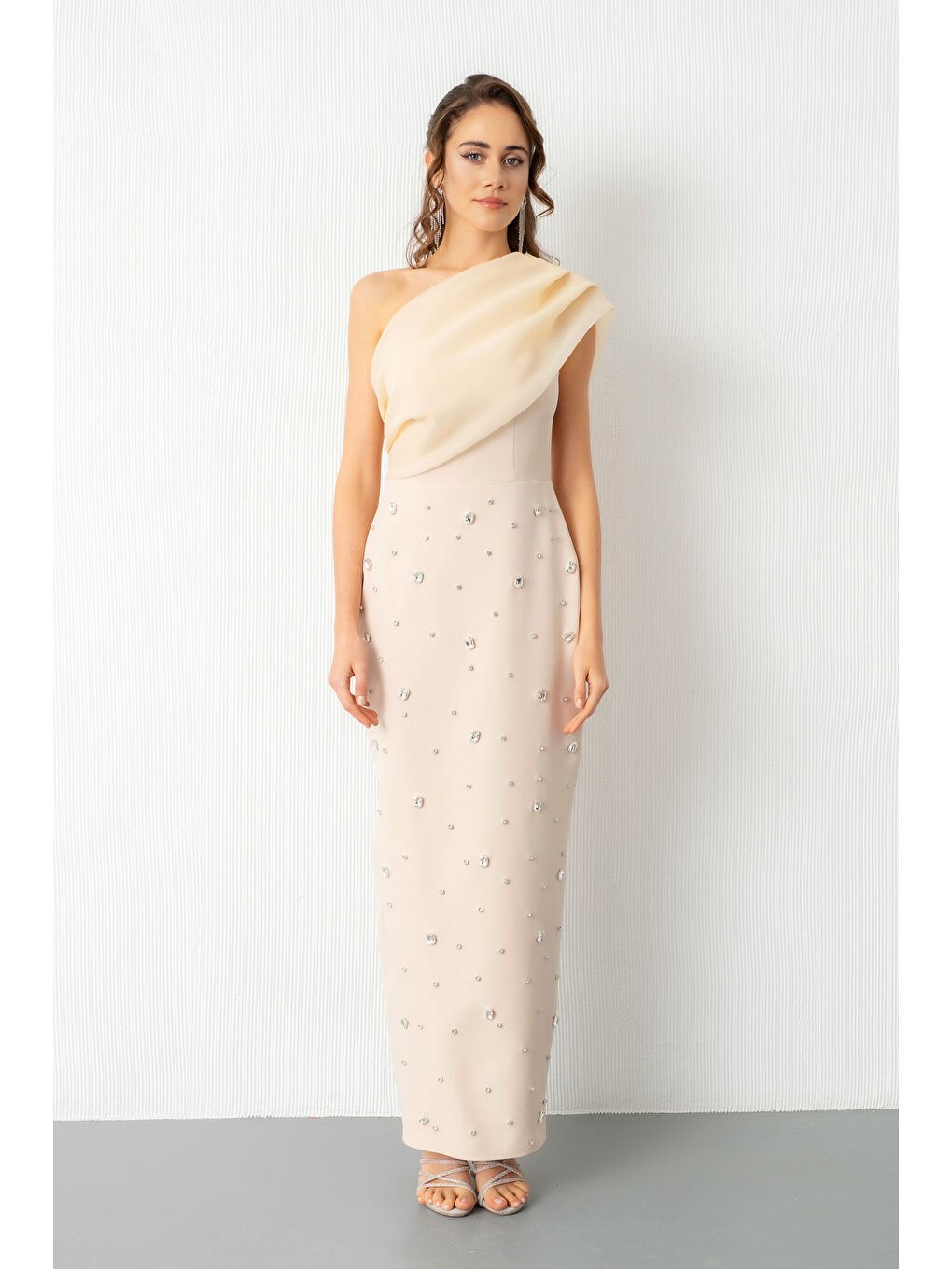Kadın Bej Tek Omuz Taşlı Söz Nişan Nikah Abiye Elbise-2