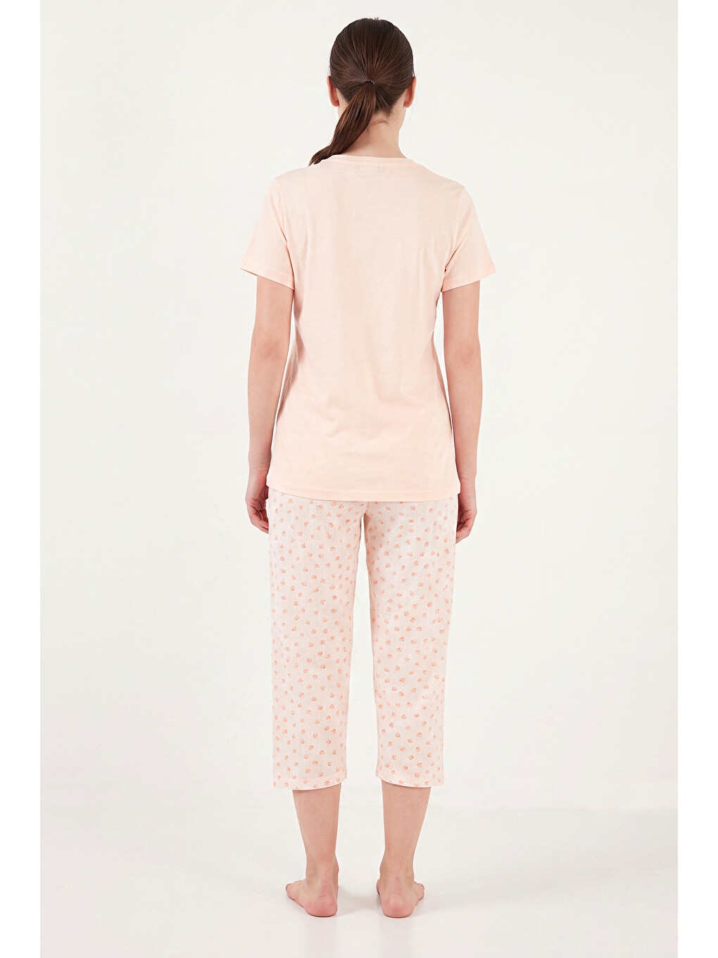 Turuncu Desenli Pamuklu Bisiklet Yaka Kaprili Pijama Takımı 65790787-6