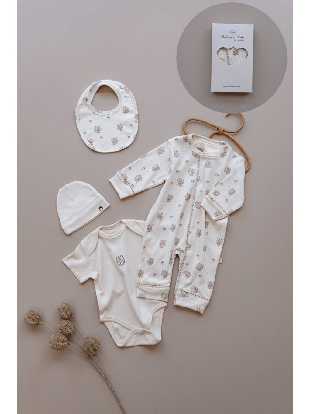 Ekru Krem Sincap Serisi 4lü Yenidoğan Set (0-3 Ay)