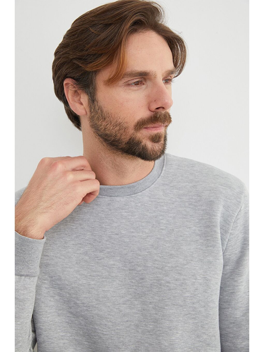 Gri 3 İplik Basic Bisiklet Yaka Sweatshirt-4