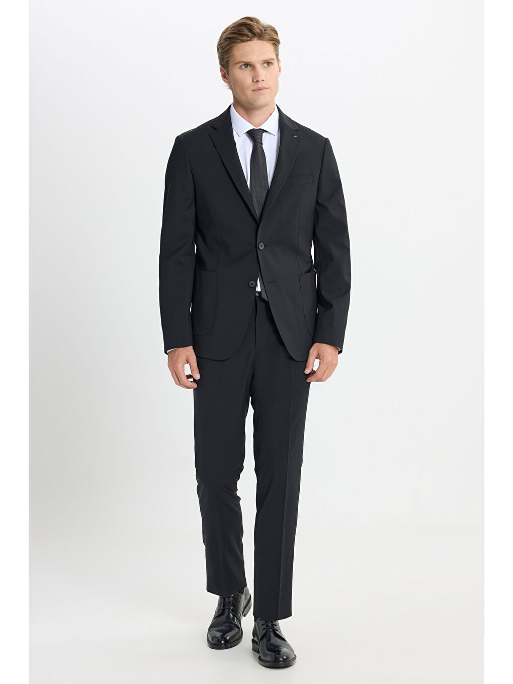 Erkek Siyah Yünlü Slim Fit Mono Yaka Torba Cepli Esnek Takım Elbise-1