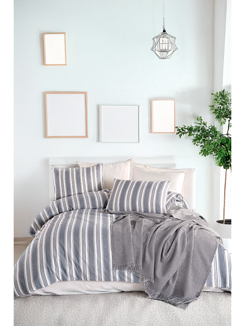 Sport Çizgili Nevresim Takımı Çift Kişilik Soft Line Antrasit