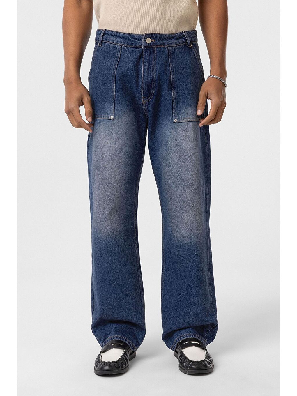 Cep Detaylı Baggy Fit Jean Açık Mavi-1