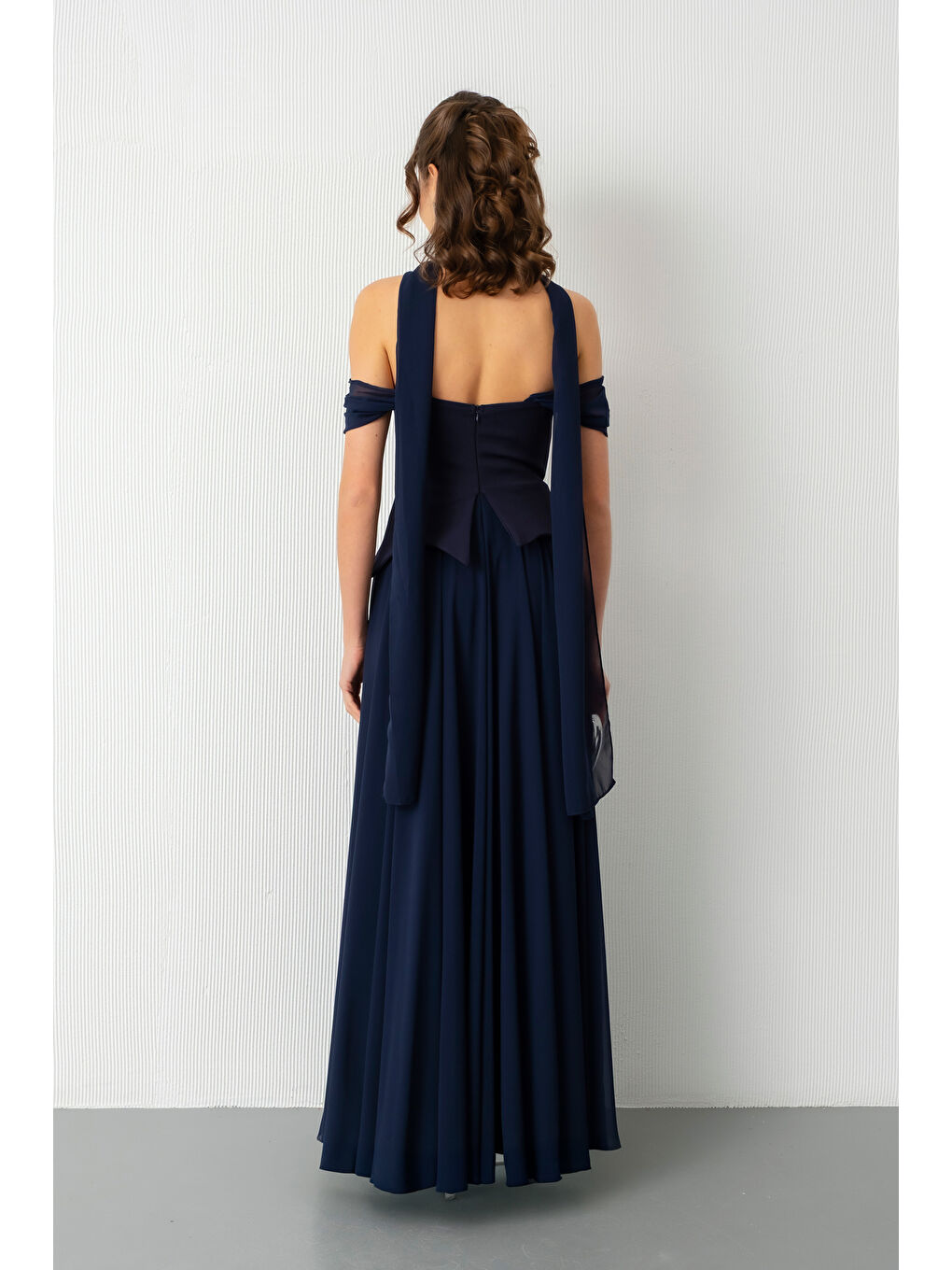 Kadın Lacivert Şal Yaka Straplez Söz Nişan Abiye Elbise-5