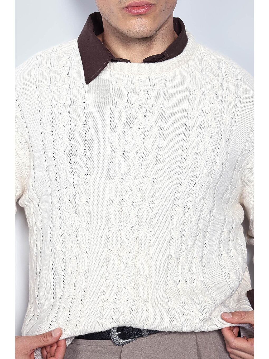 Erkek Oversize Örgü Desenli Triko %100 Pamuk Kazak Bej-2