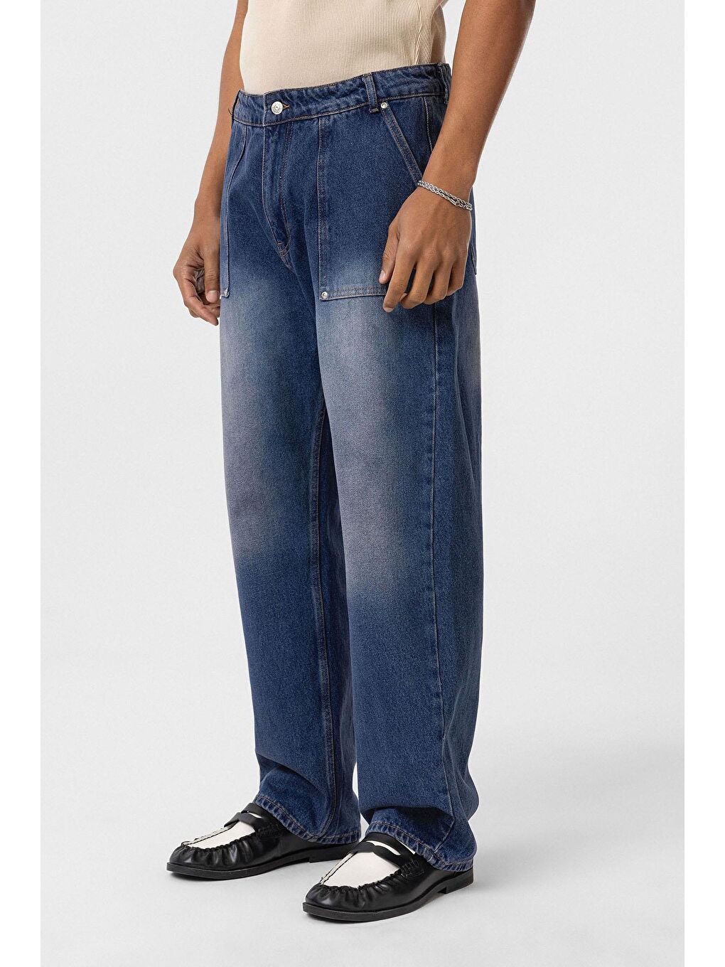 Cep Detaylı Baggy Fit Jean Açık Mavi-2