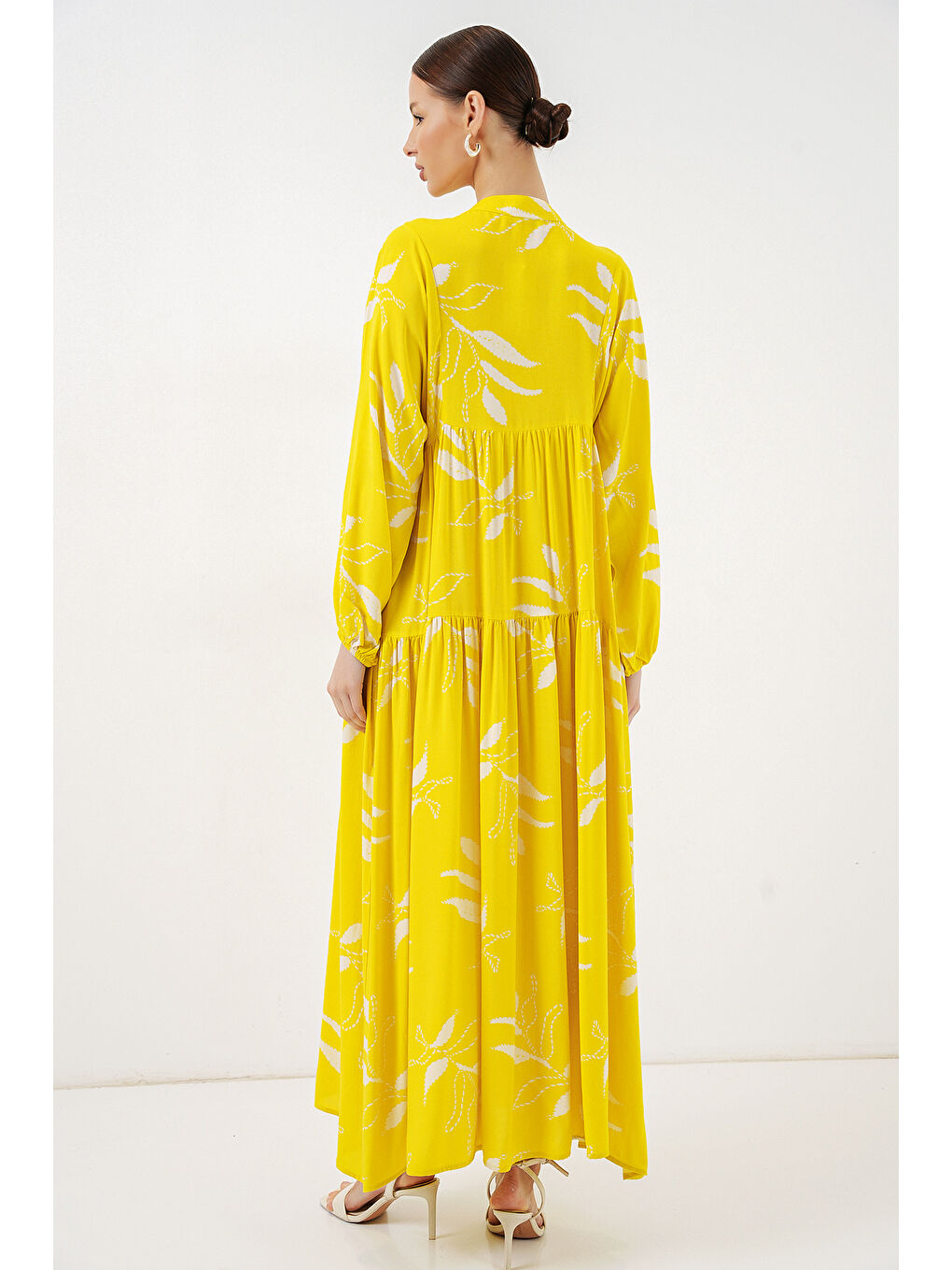 Kadın Desenli Uzun Tesettür Elbise 2585 - A.Sarı-7