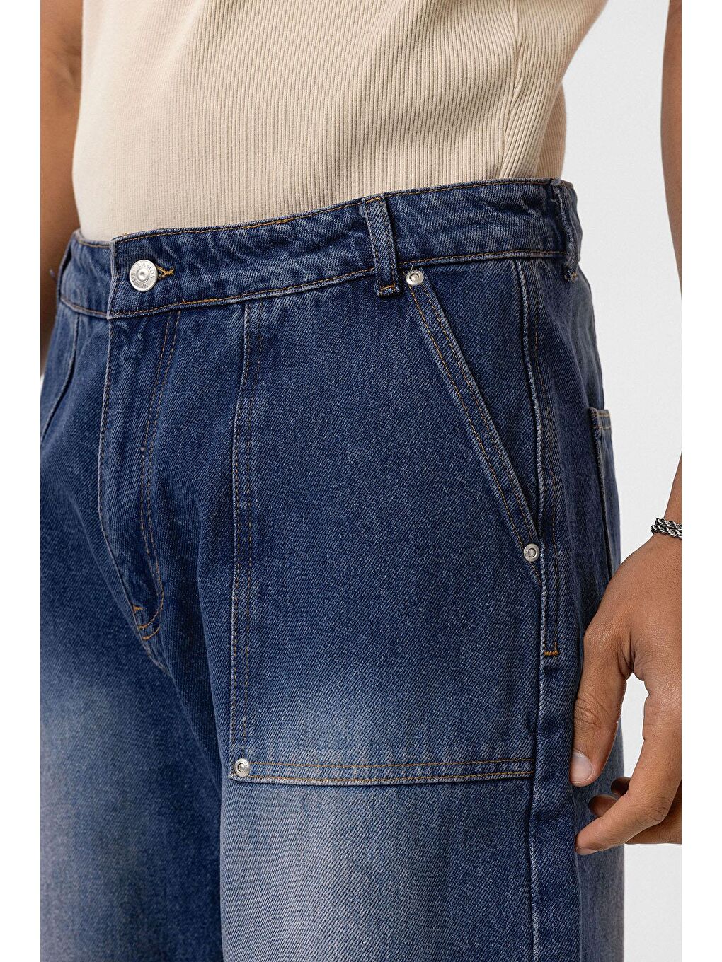 Cep Detaylı Baggy Fit Jean Açık Mavi-3