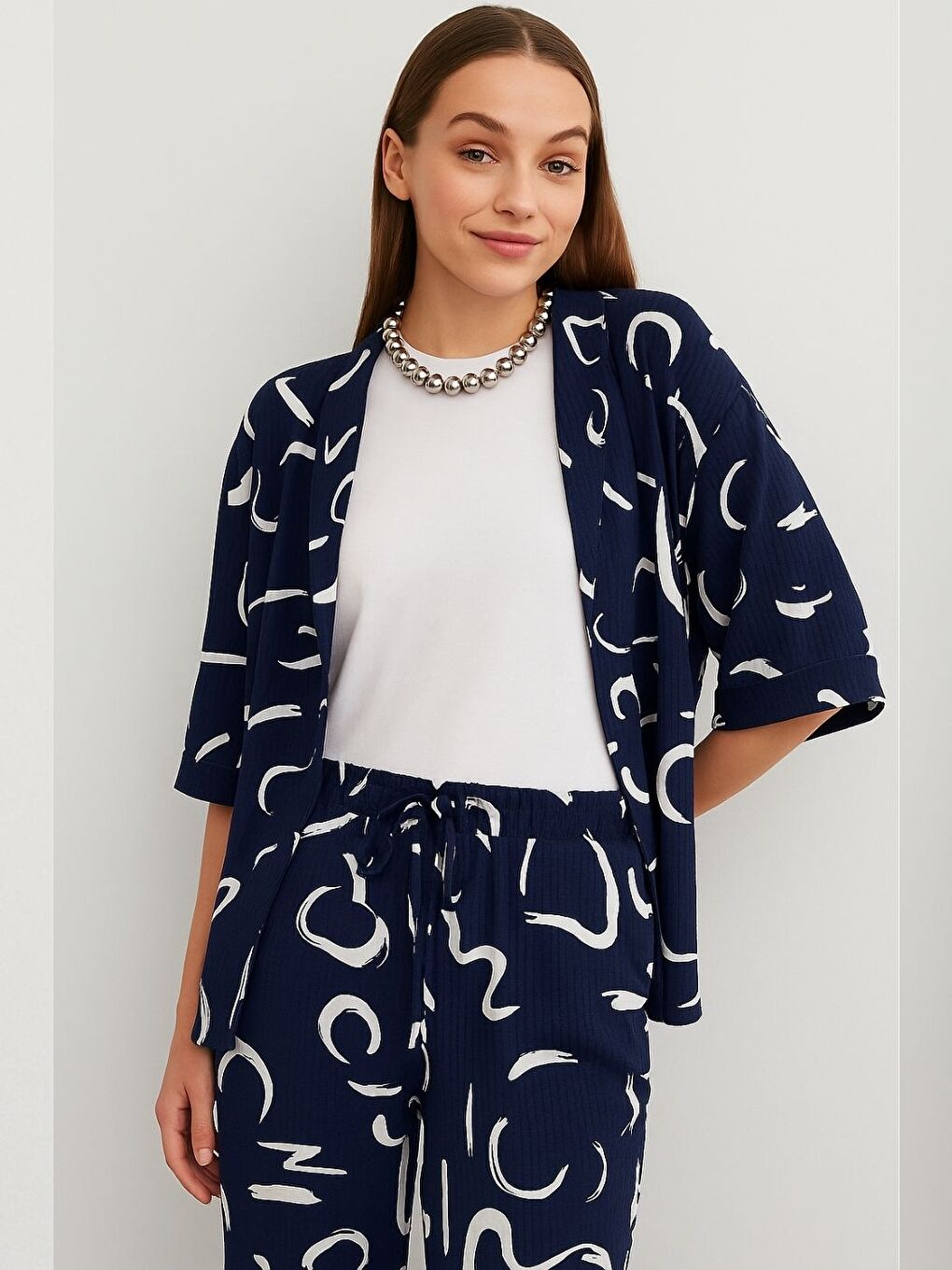 Kadın Lacivert Desenli Kimono Gömlek Pantolon Takım