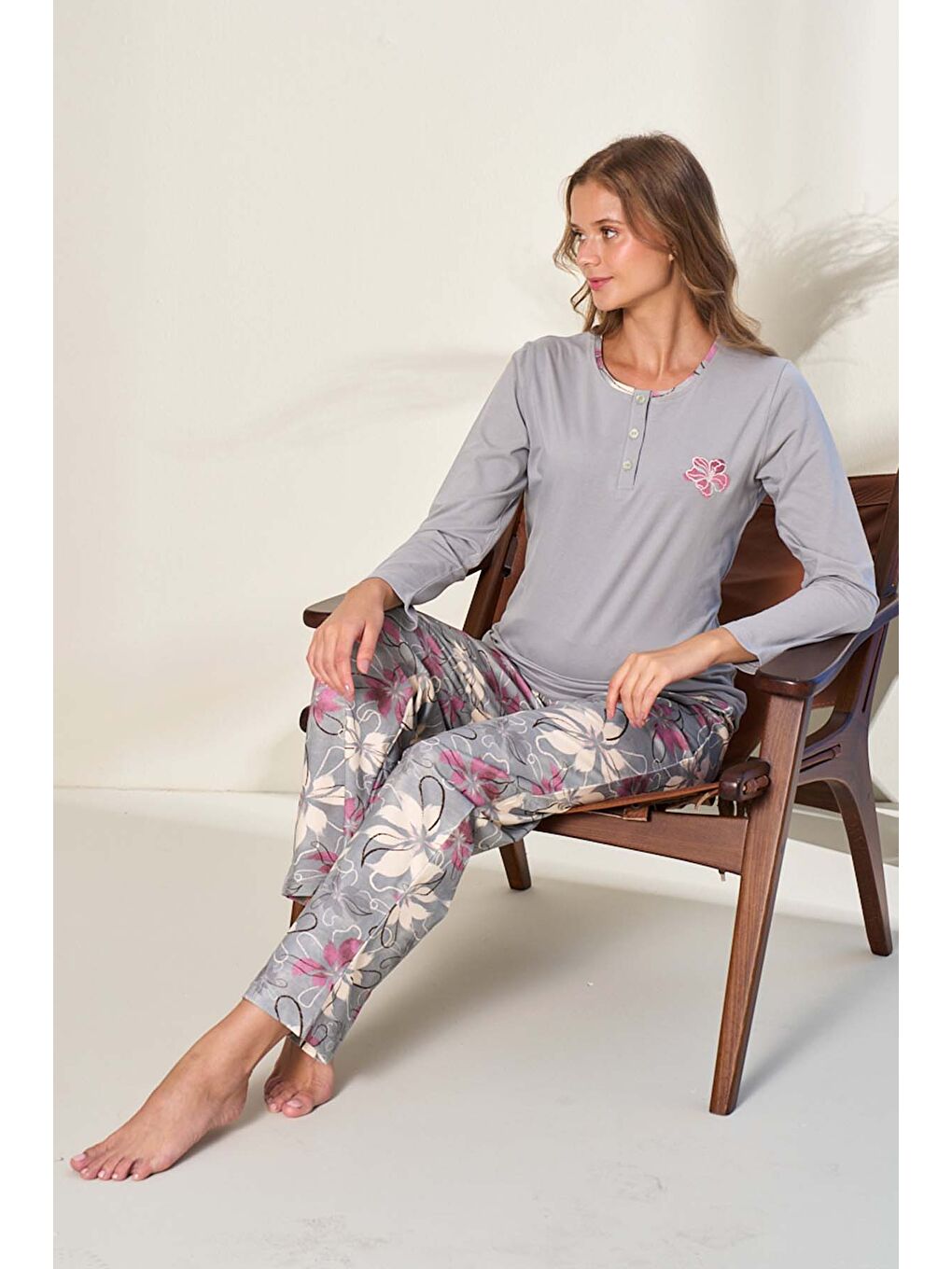 Büyük Beden Suprem Kadın Penye Uzun Kol Pijama Takımı 3134 Gri02