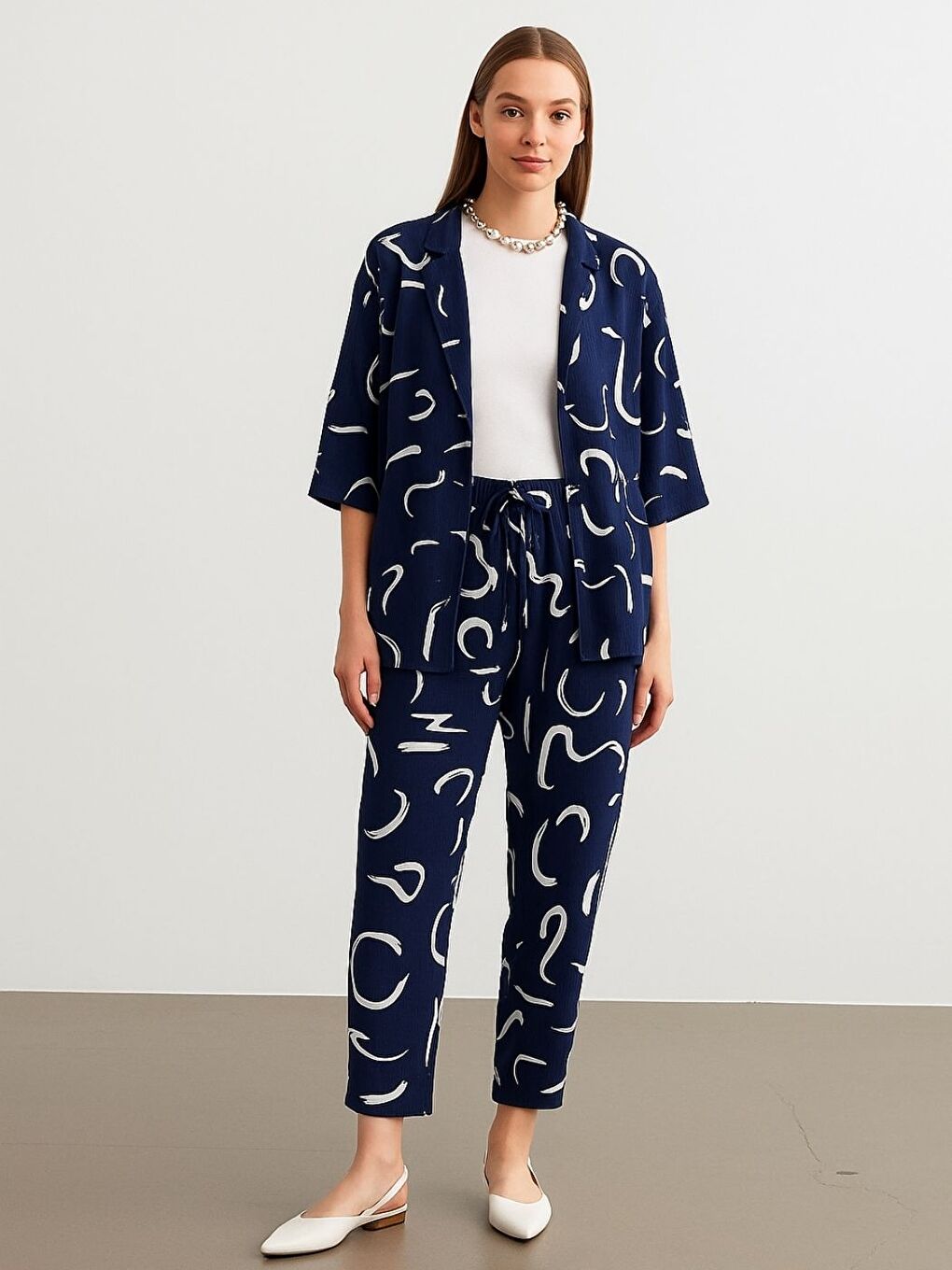 Kadın Lacivert Desenli Kimono Gömlek Pantolon Takım-1