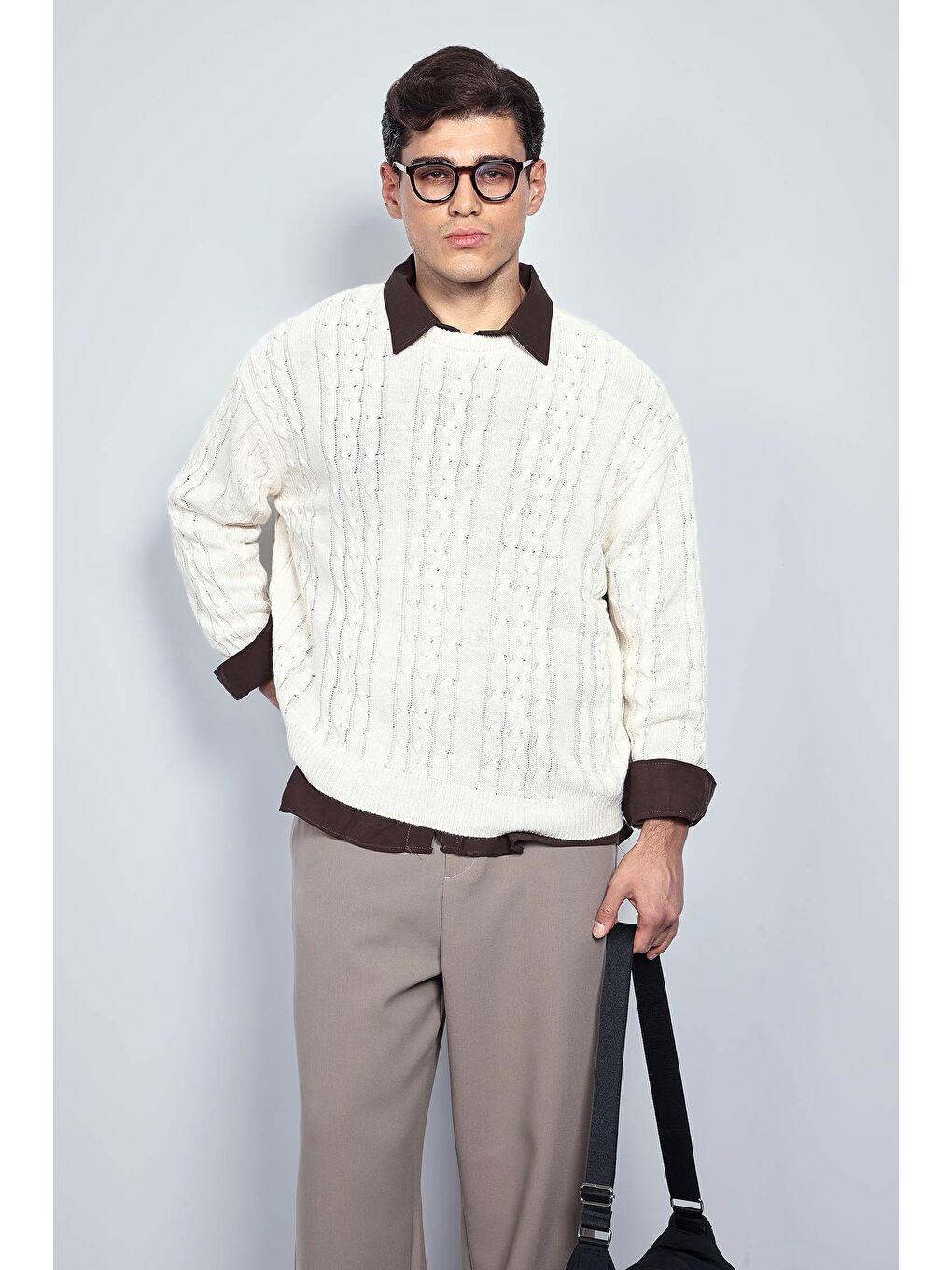 Erkek Oversize Örgü Desenli Triko %100 Pamuk Kazak Bej-3