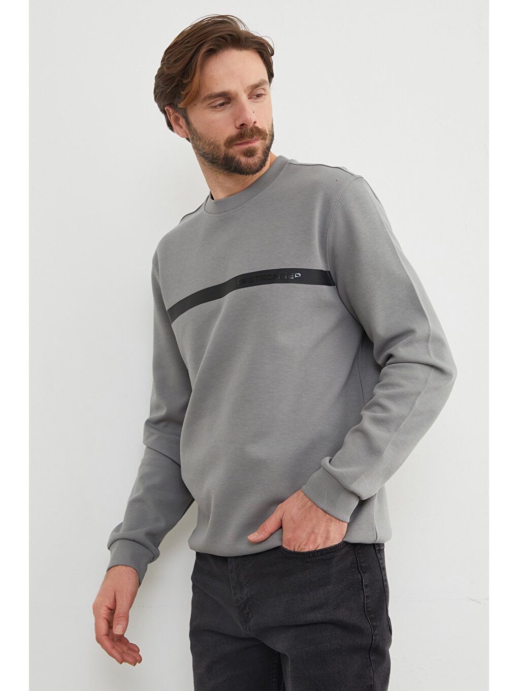 Gri You`re Stronger Baskılı Bisiklet Yaka Büyük Beden Sweatshirt