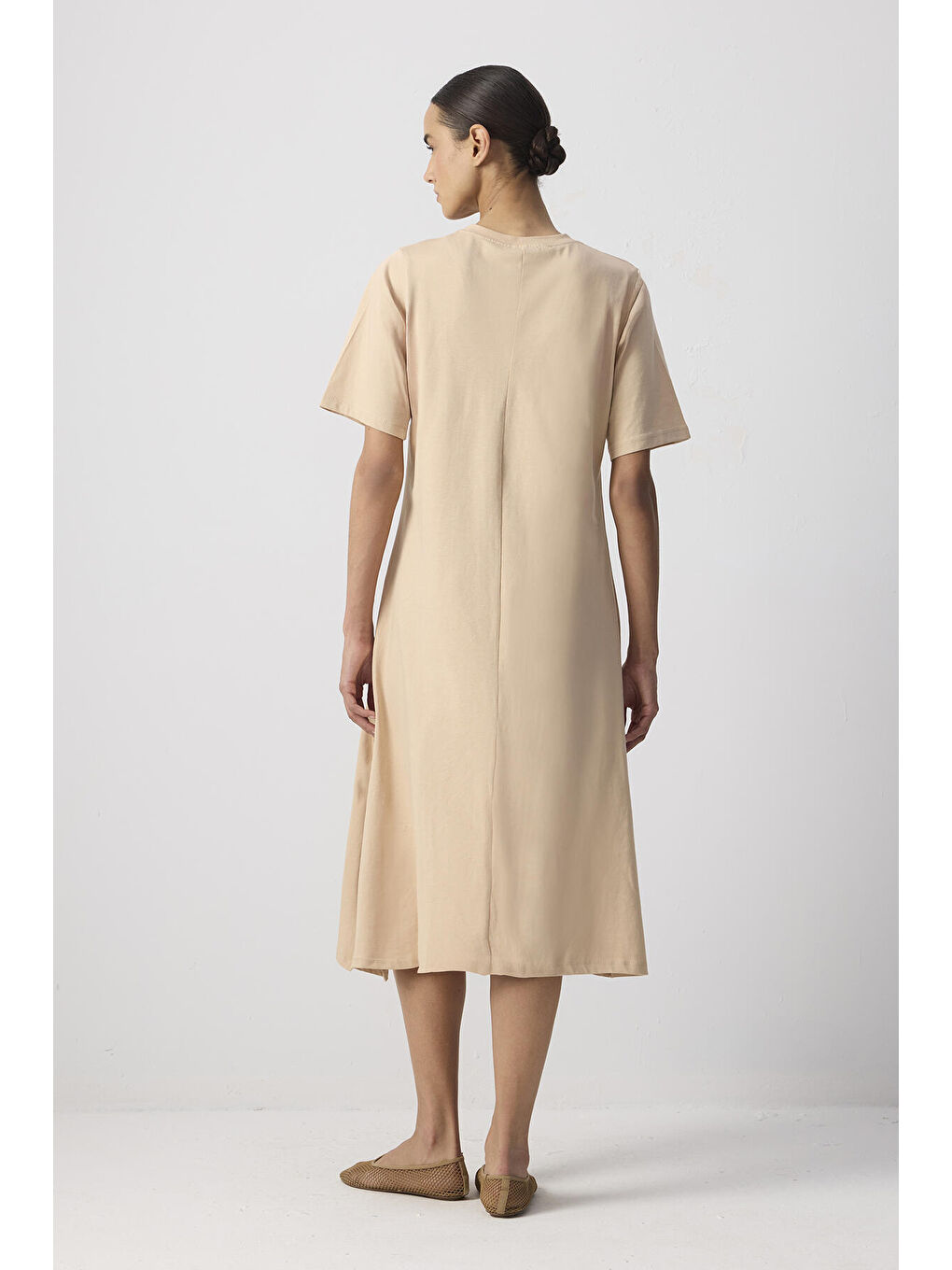 Bej %100 Pamuklu Kısa Kollu Örme Elbise-3
