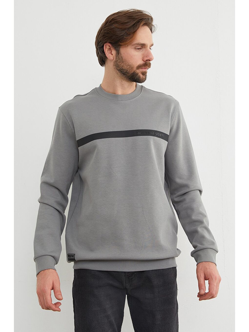 Gri You`re Stronger Baskılı Bisiklet Yaka Büyük Beden Sweatshirt-1