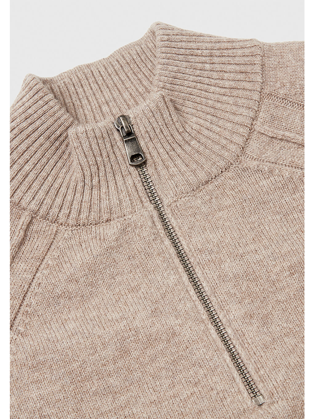 Erkek Bej Melanj %100 Yün Fermuar Detaylı Dik Yaka Kazak-2