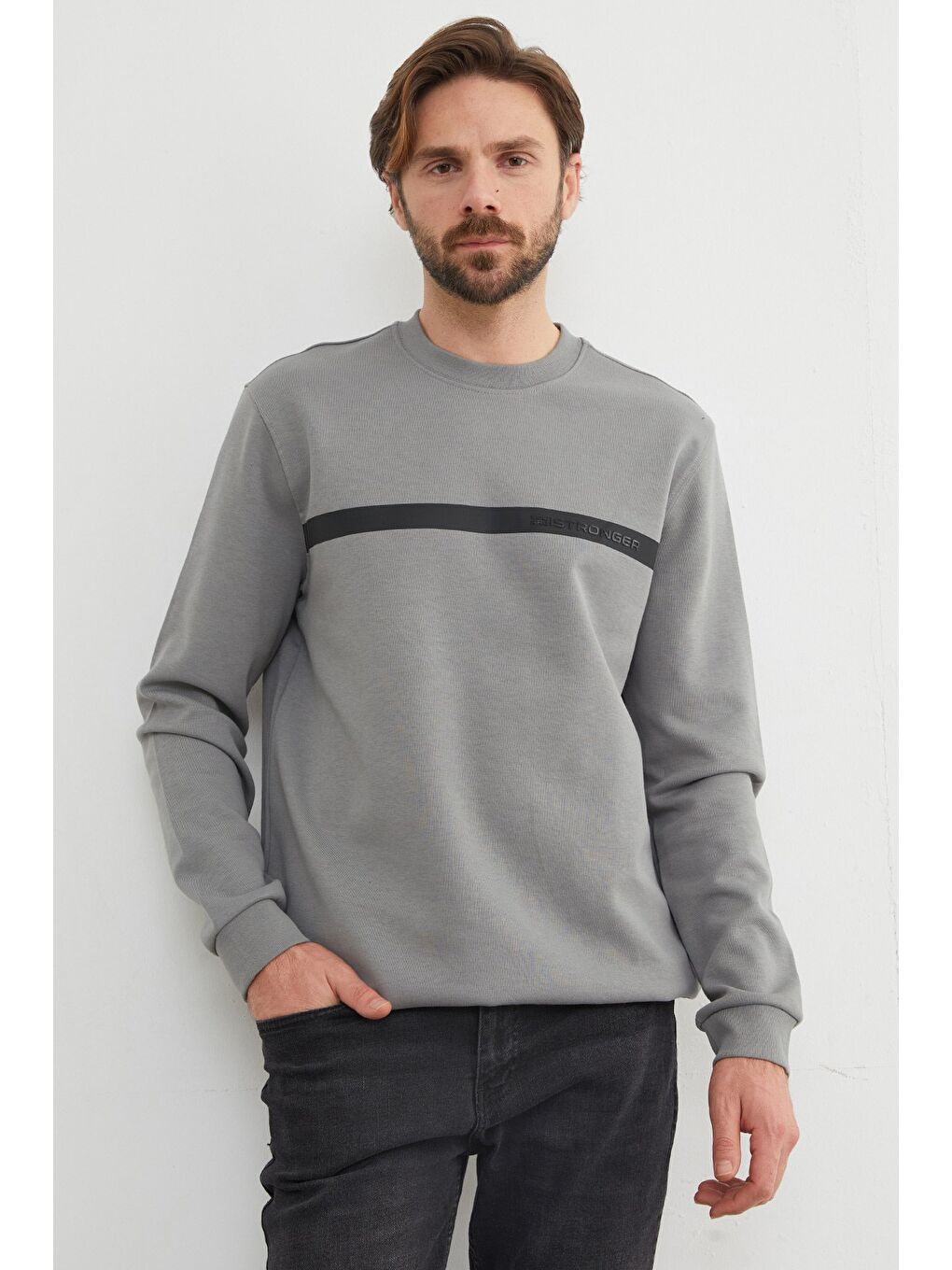 Gri You`re Stronger Baskılı Bisiklet Yaka Büyük Beden Sweatshirt-2