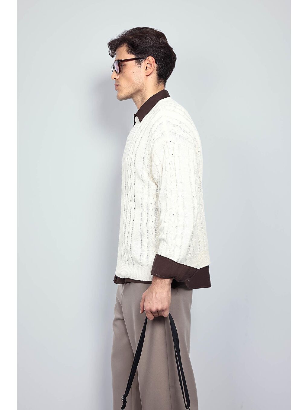 Erkek Oversize Örgü Desenli Triko %100 Pamuk Kazak Bej-4