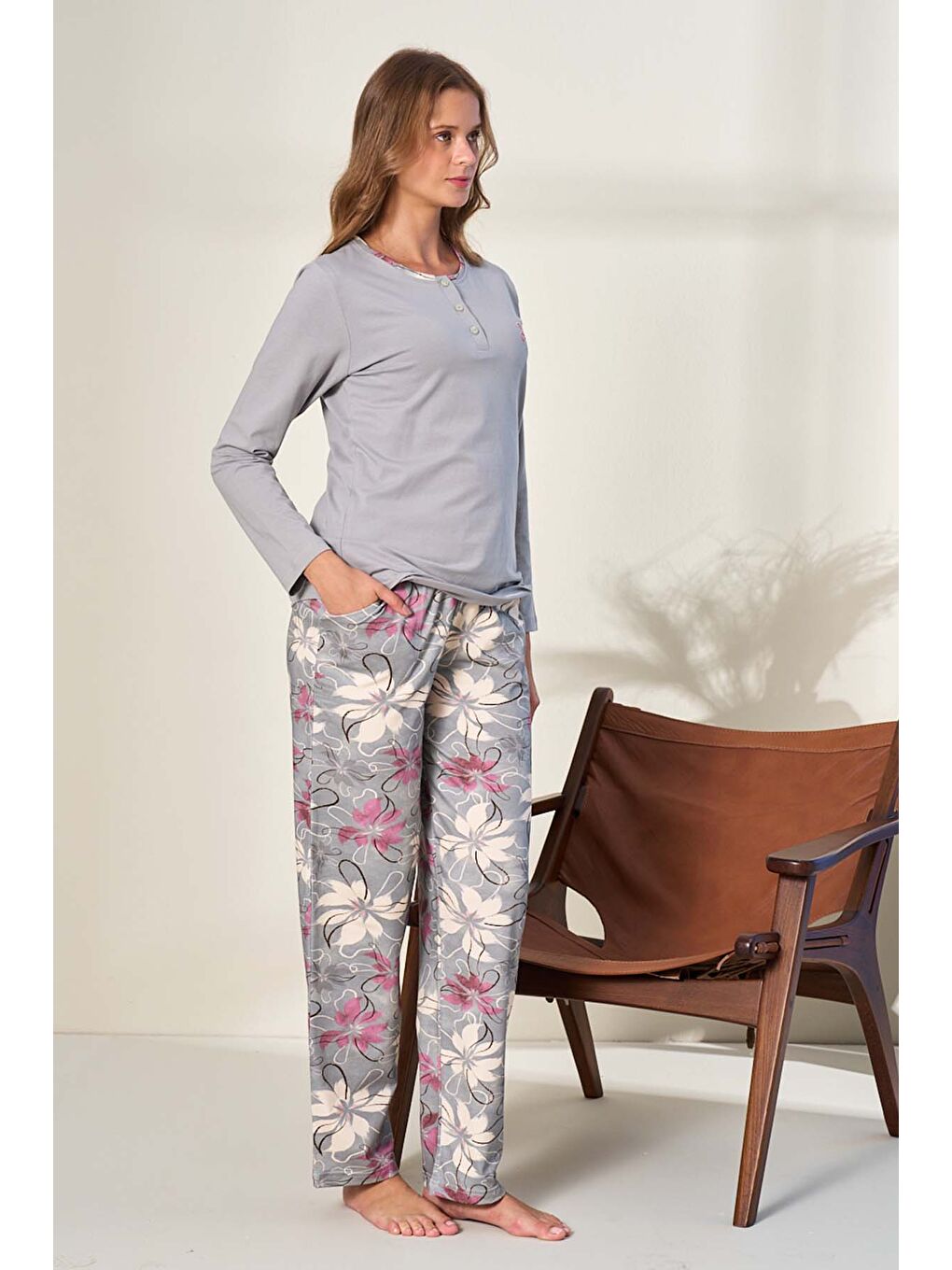 Büyük Beden Suprem Kadın Penye Uzun Kol Pijama Takımı 3134 Gri02-1